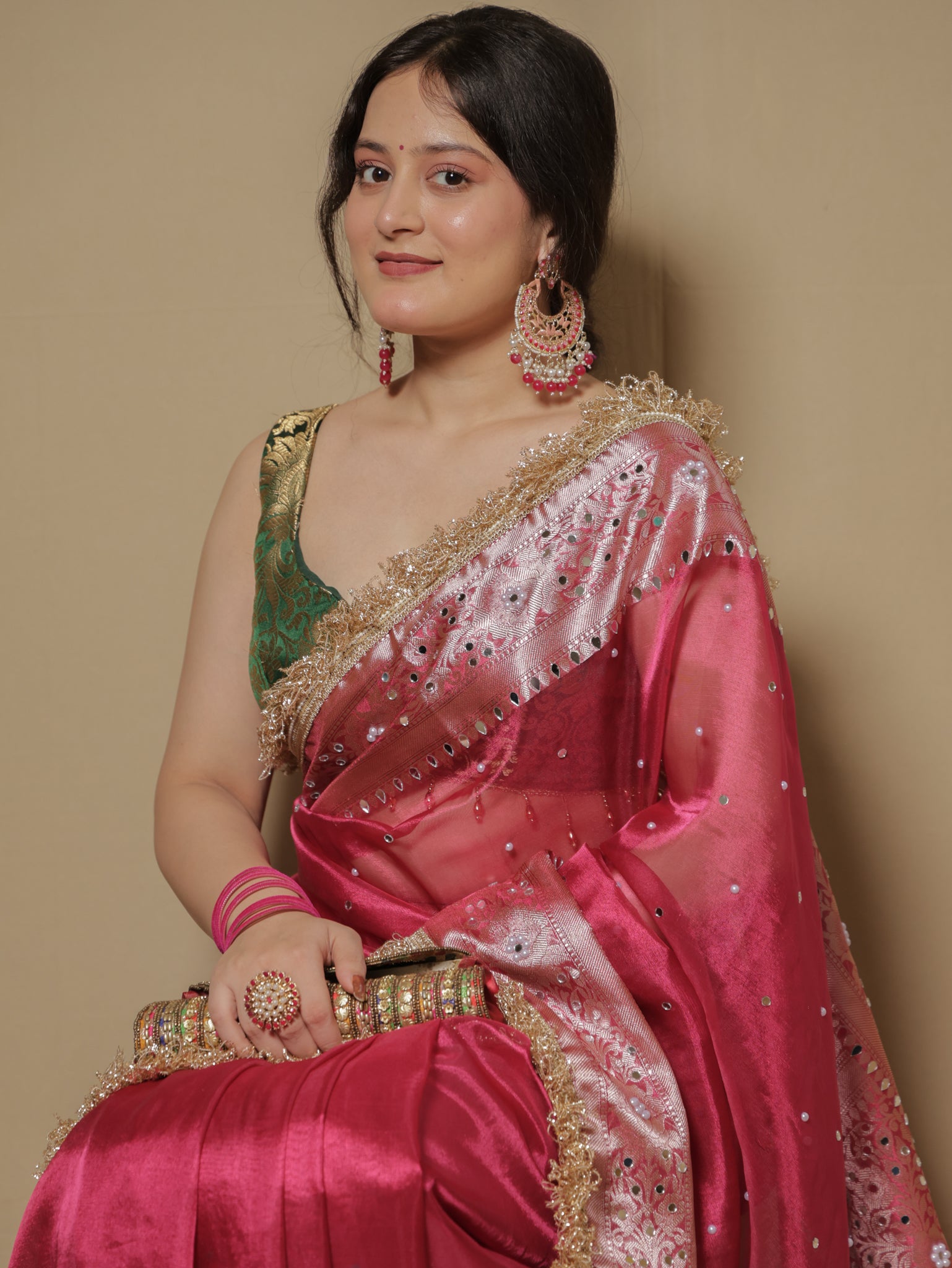 Banarasi Mirror Work Tissue Saree with Lace Border - Magenta