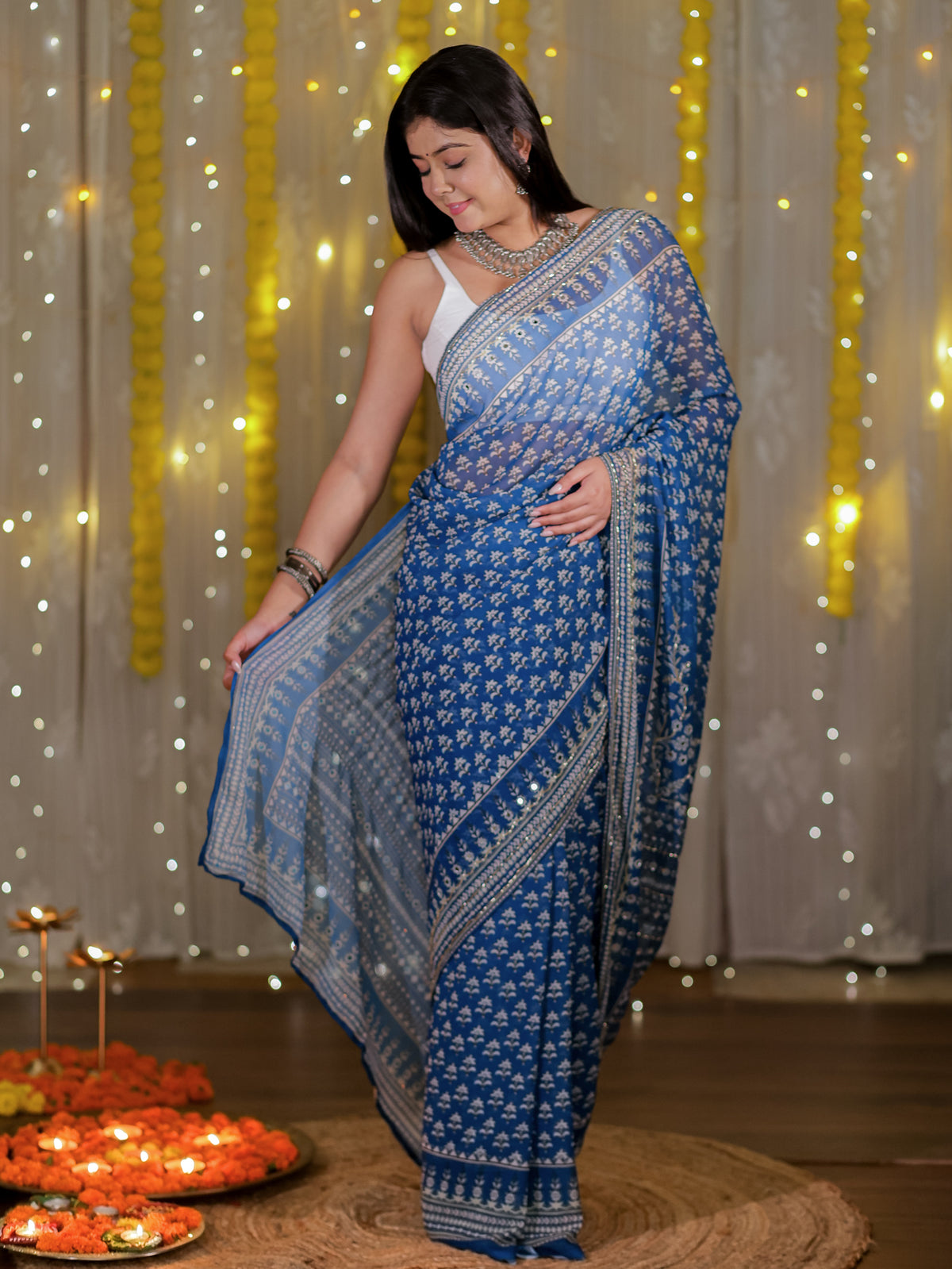 Mirror Work Chiffon Saree- Blue