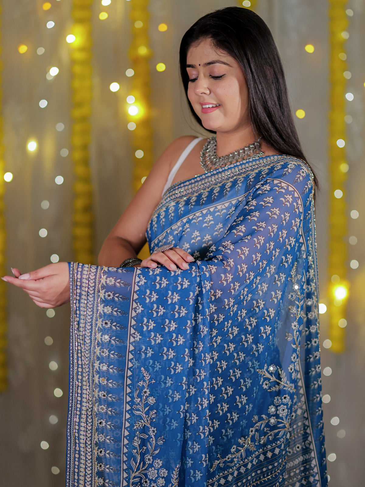 Mirror Work Chiffon Saree- Blue