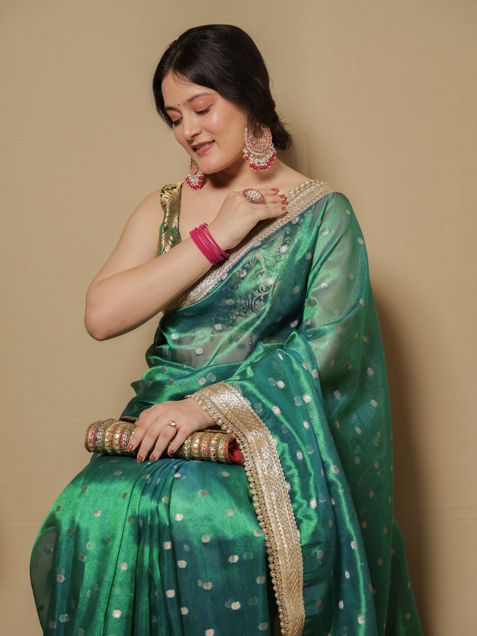 Banarasi Tissue Saree With Zari Weaving & Lace Border - Green
