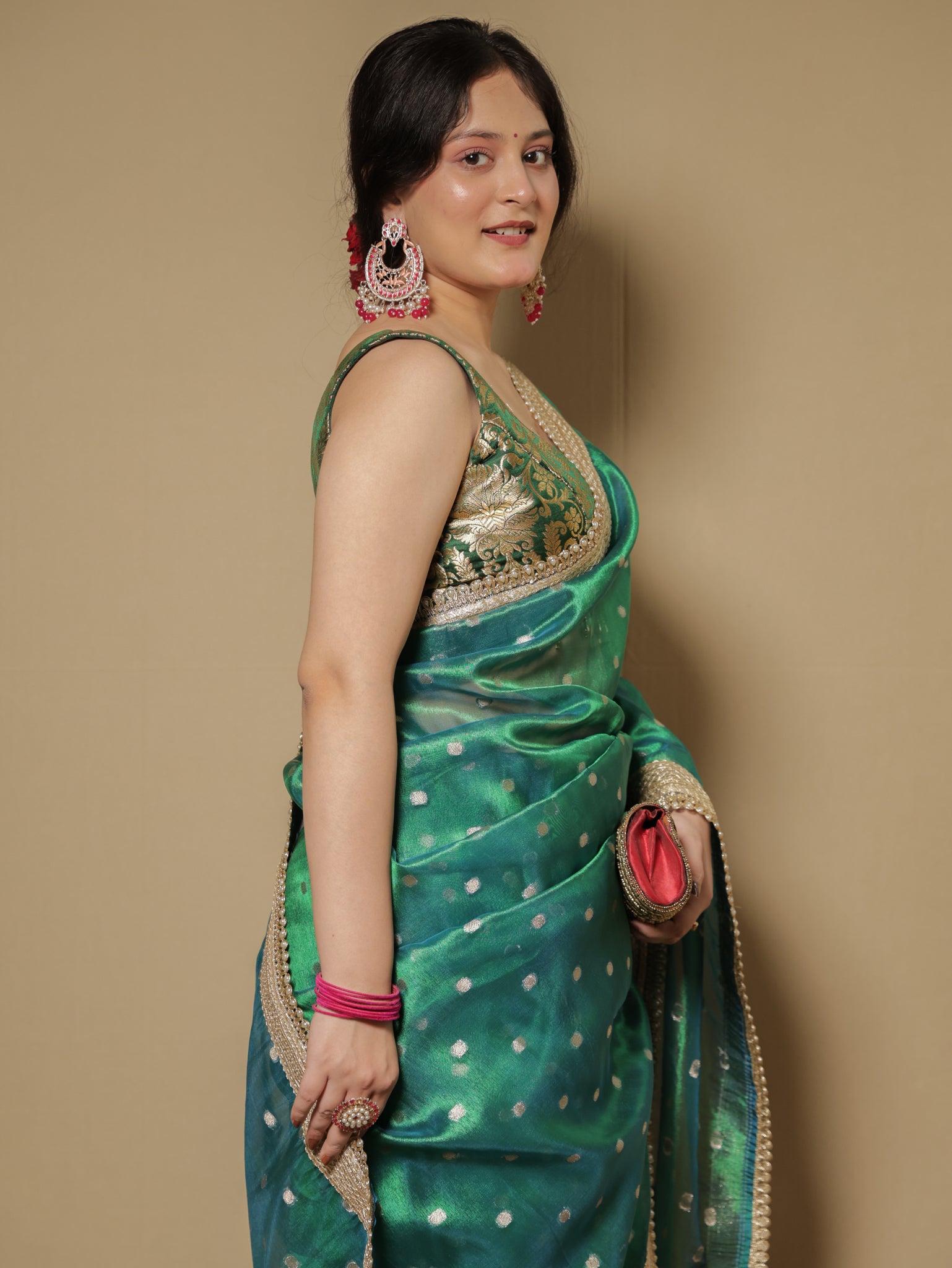 Banarasi Tissue Saree With Zari Weaving & Lace Border - Green