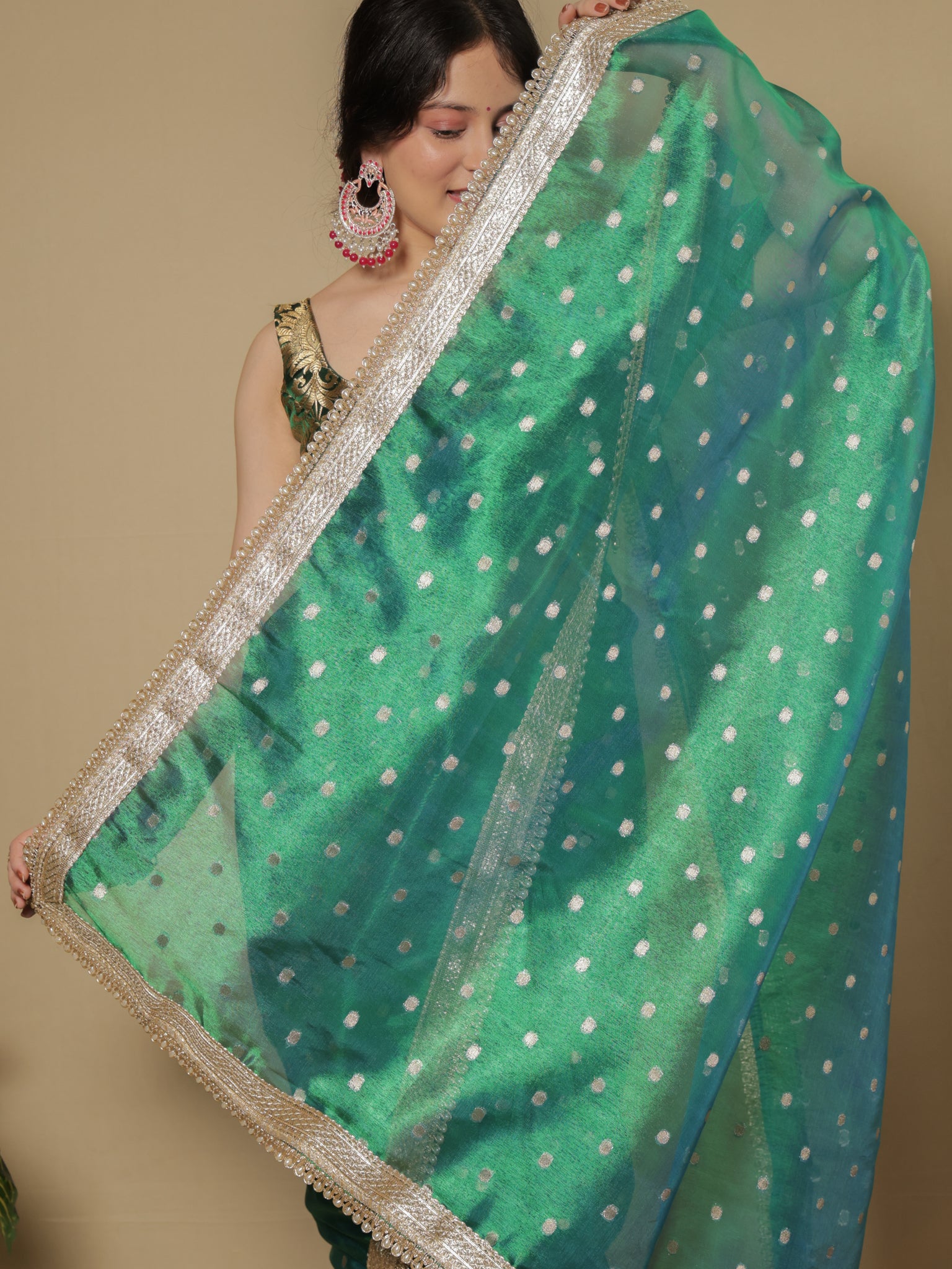 Banarasi Tissue Saree With Zari Weaving & Lace Border - Green