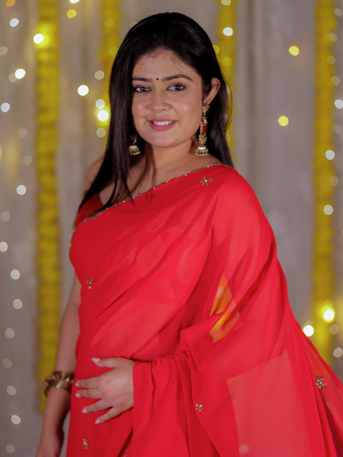 Semi Chiffon Saree with Border - Red