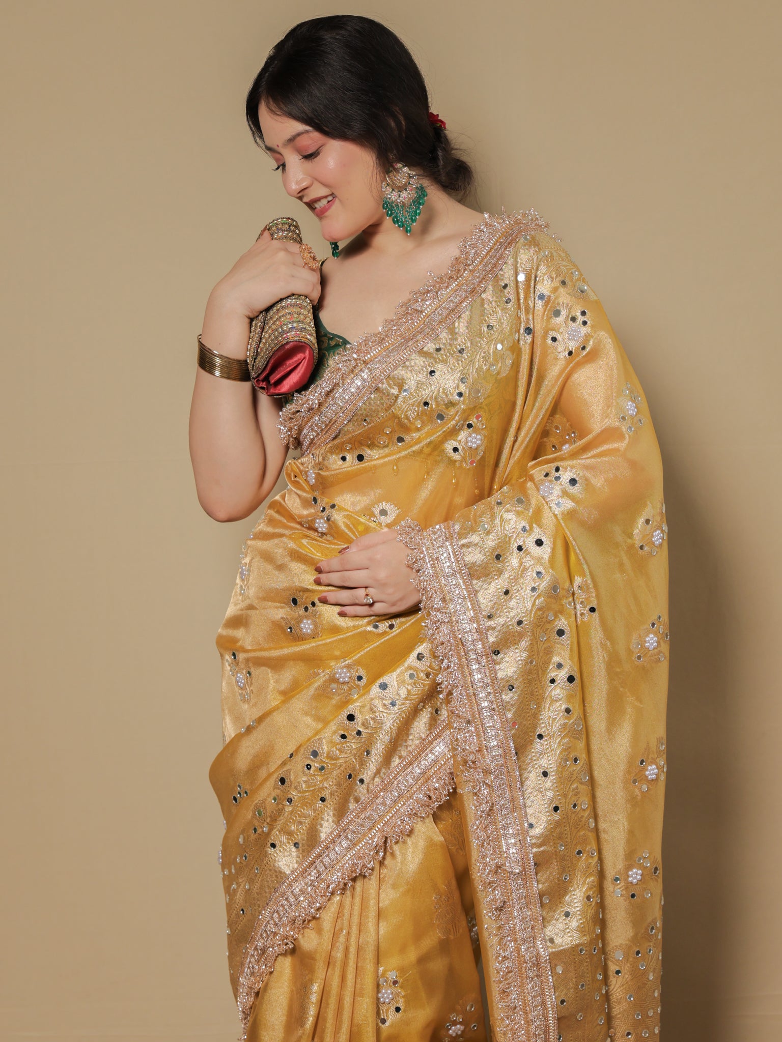 Banarasi Mirror Work Tissue Saree with Lace Border - Yellow