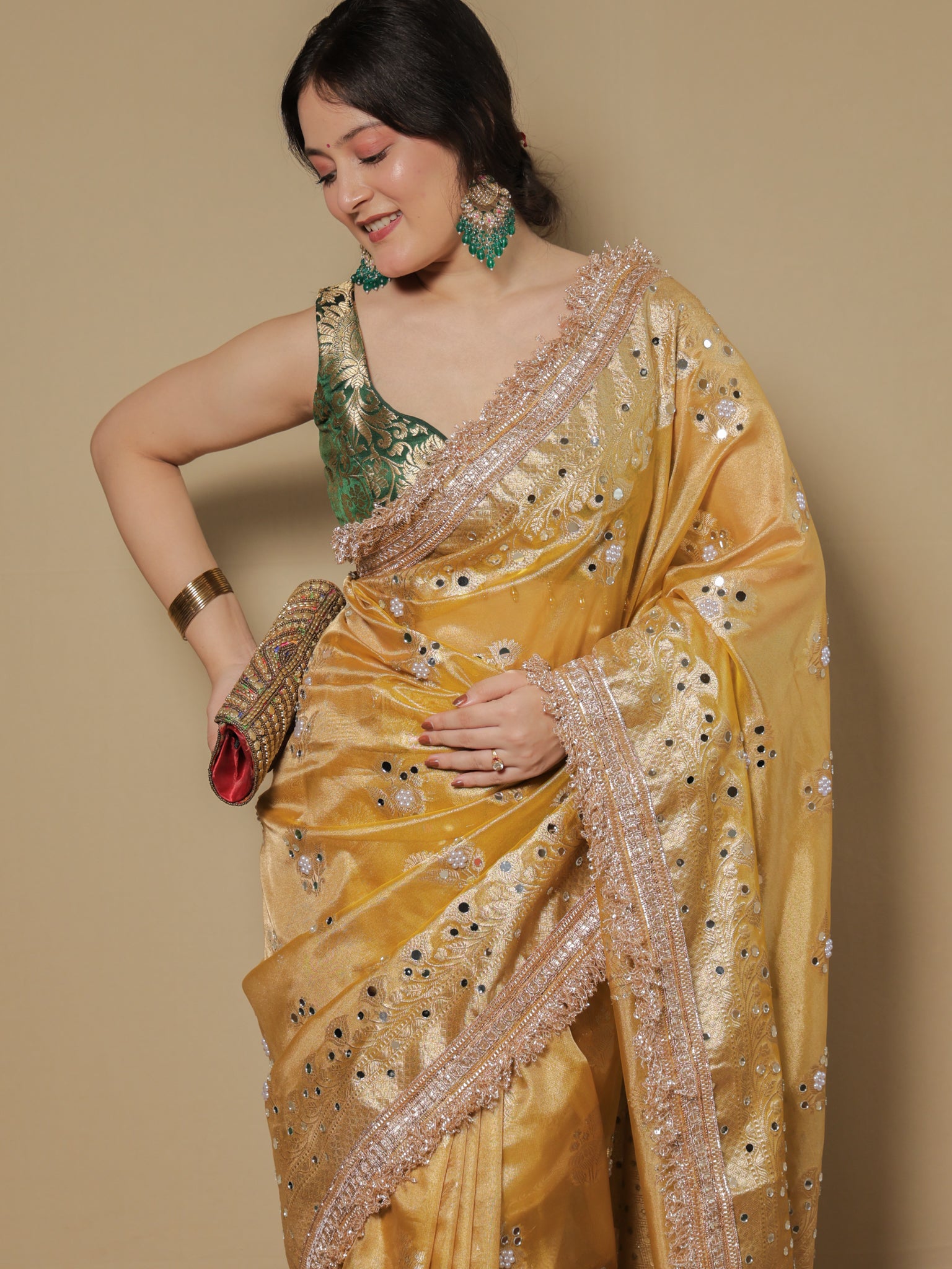 Banarasi Mirror Work Tissue Saree with Lace Border - Yellow