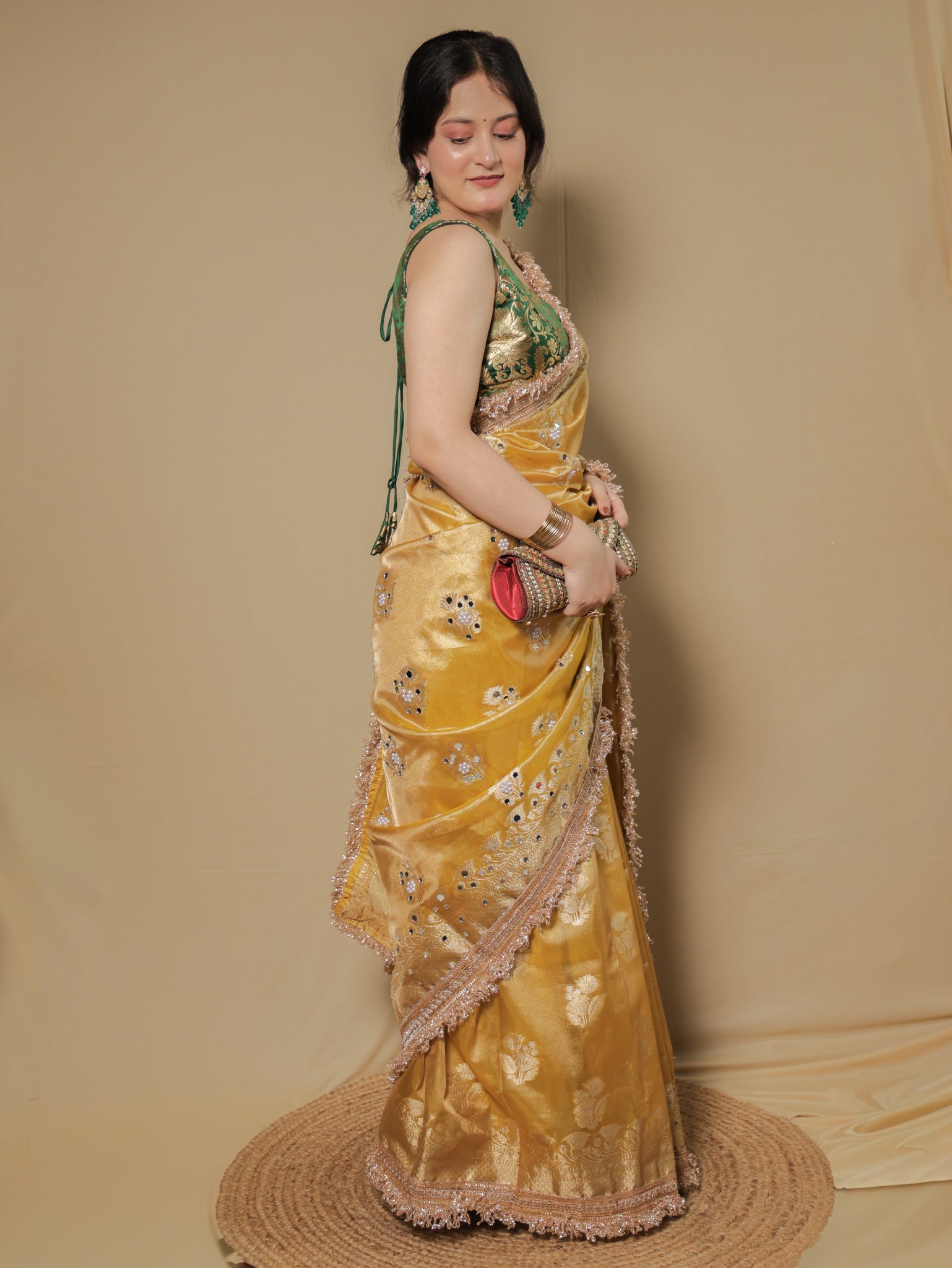 Banarasi Mirror Work Tissue Saree with Lace Border - Yellow