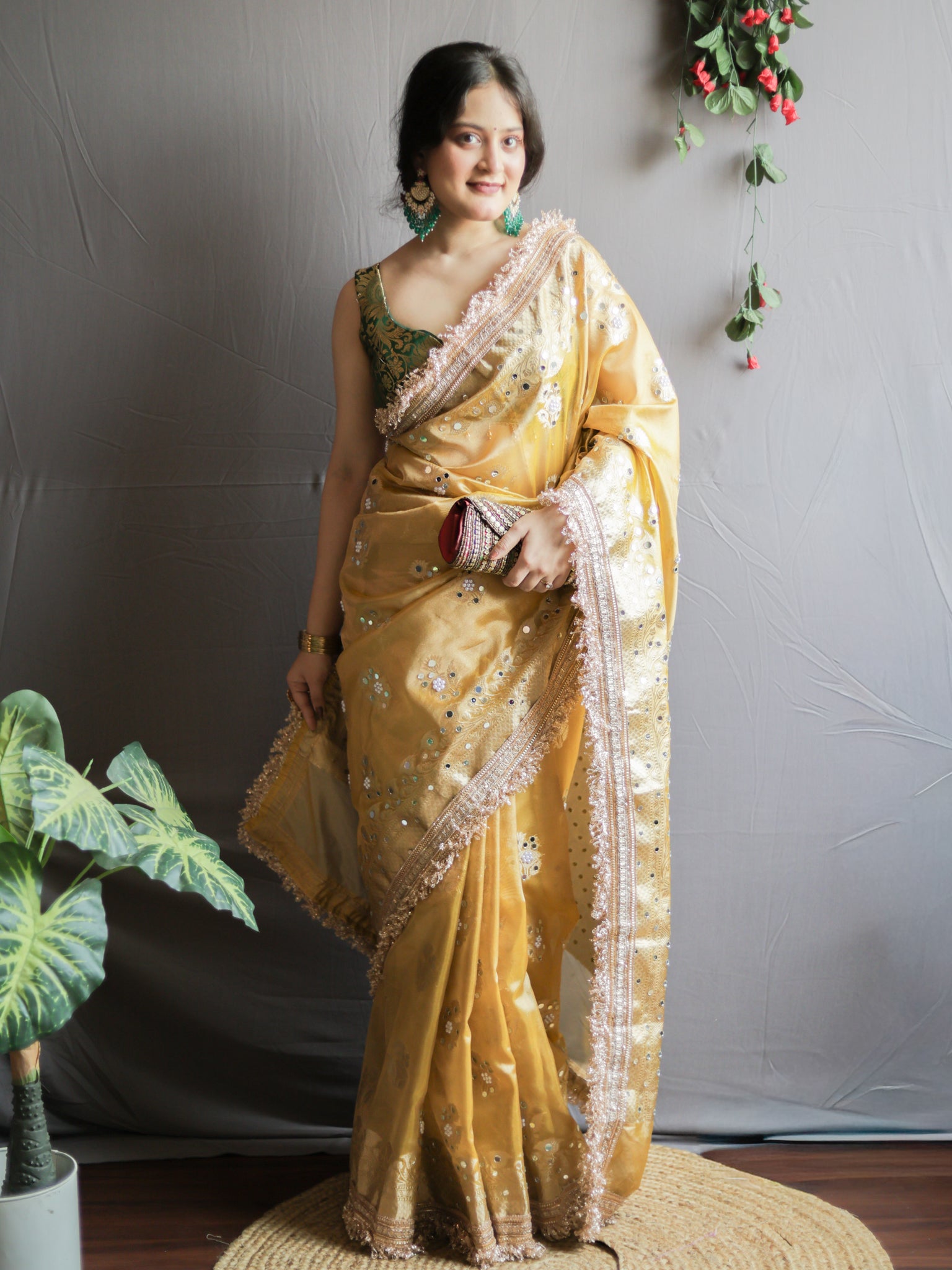 Banarasi Mirror Work Tissue Saree with Lace Border - Yellow