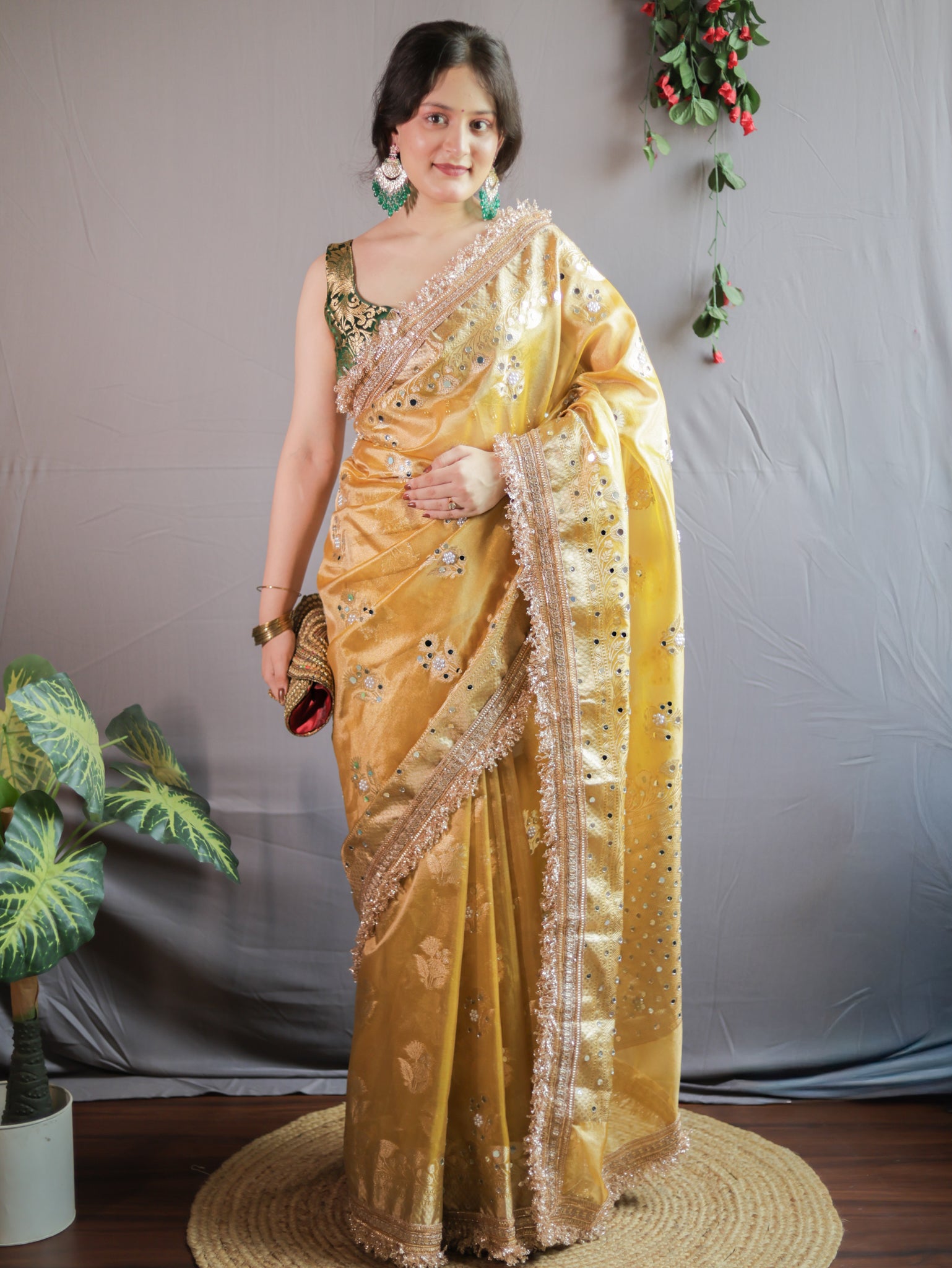 Banarasi Mirror Work Tissue Saree with Lace Border - Yellow