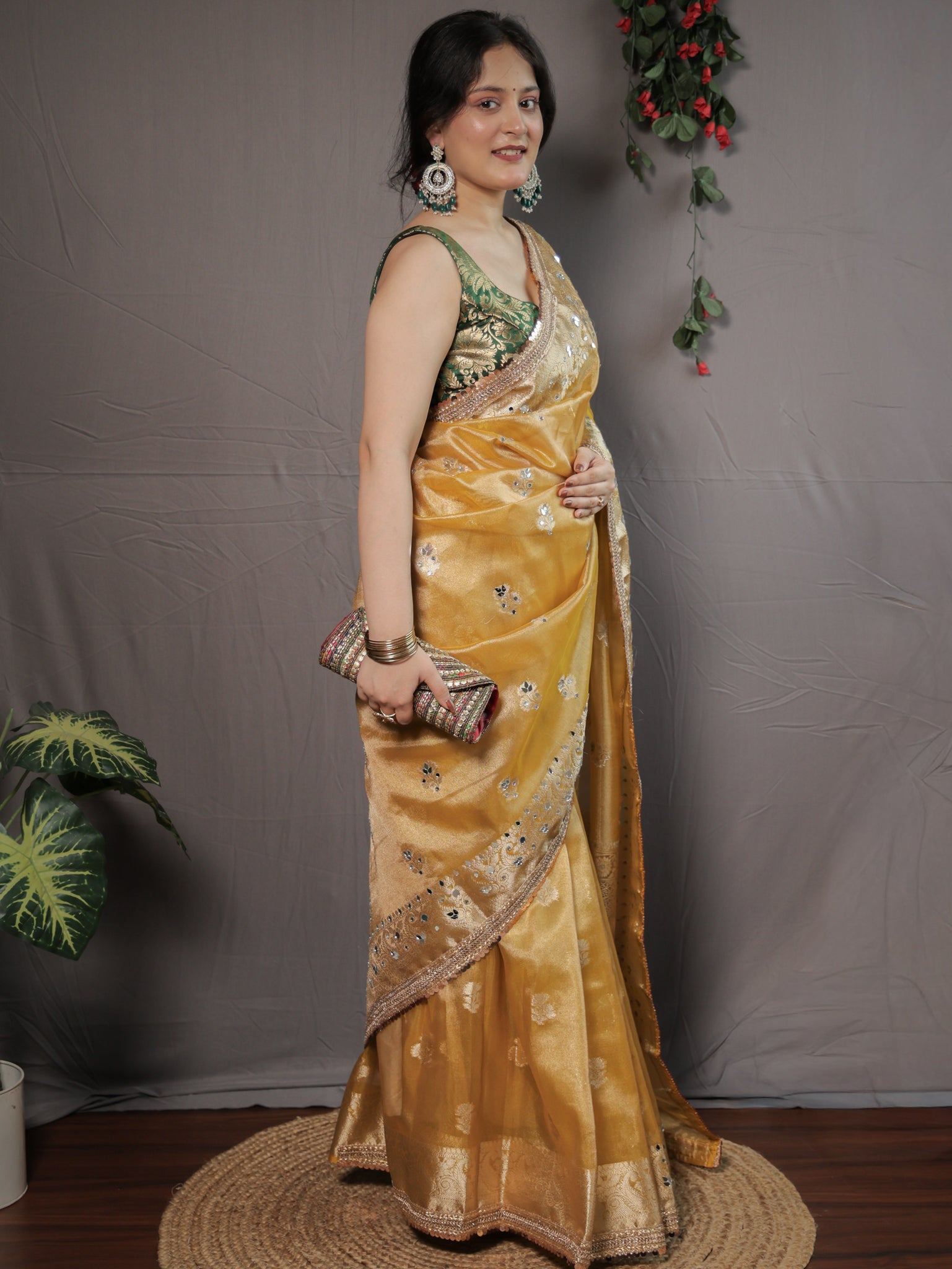 Banarasi Tissue Saree With Mirror Work & Lace Border- Yellow