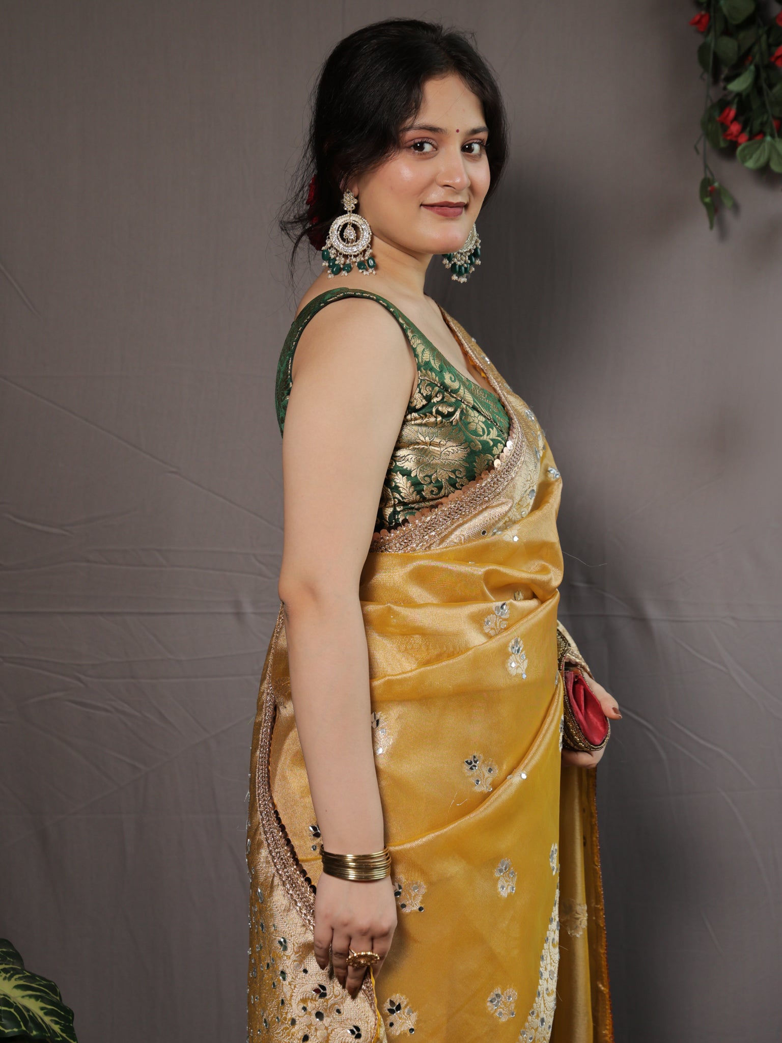 Banarasi Tissue Saree With Mirror Work & Lace Border- Yellow