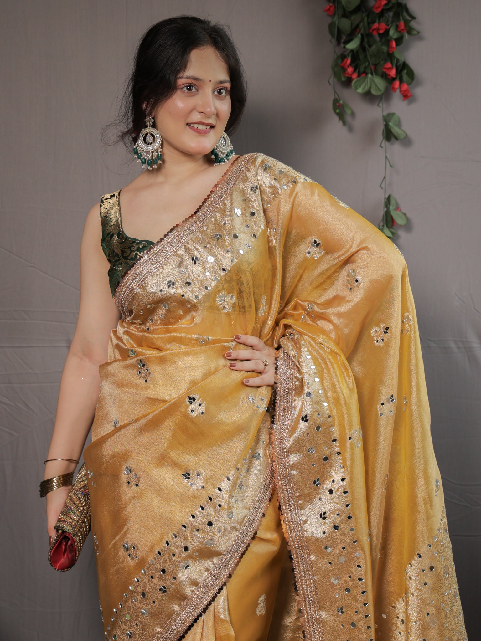 Banarasi Tissue Saree With Mirror Work & Lace Border- Yellow