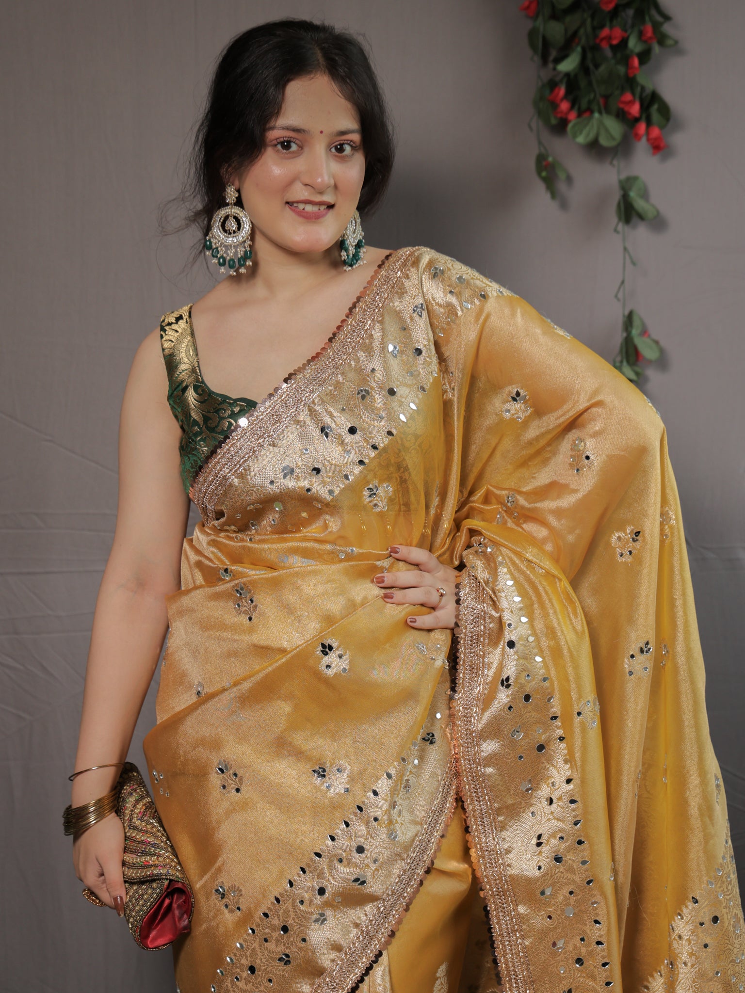 Banarasi Tissue Saree With Mirror Work & Lace Border- Yellow