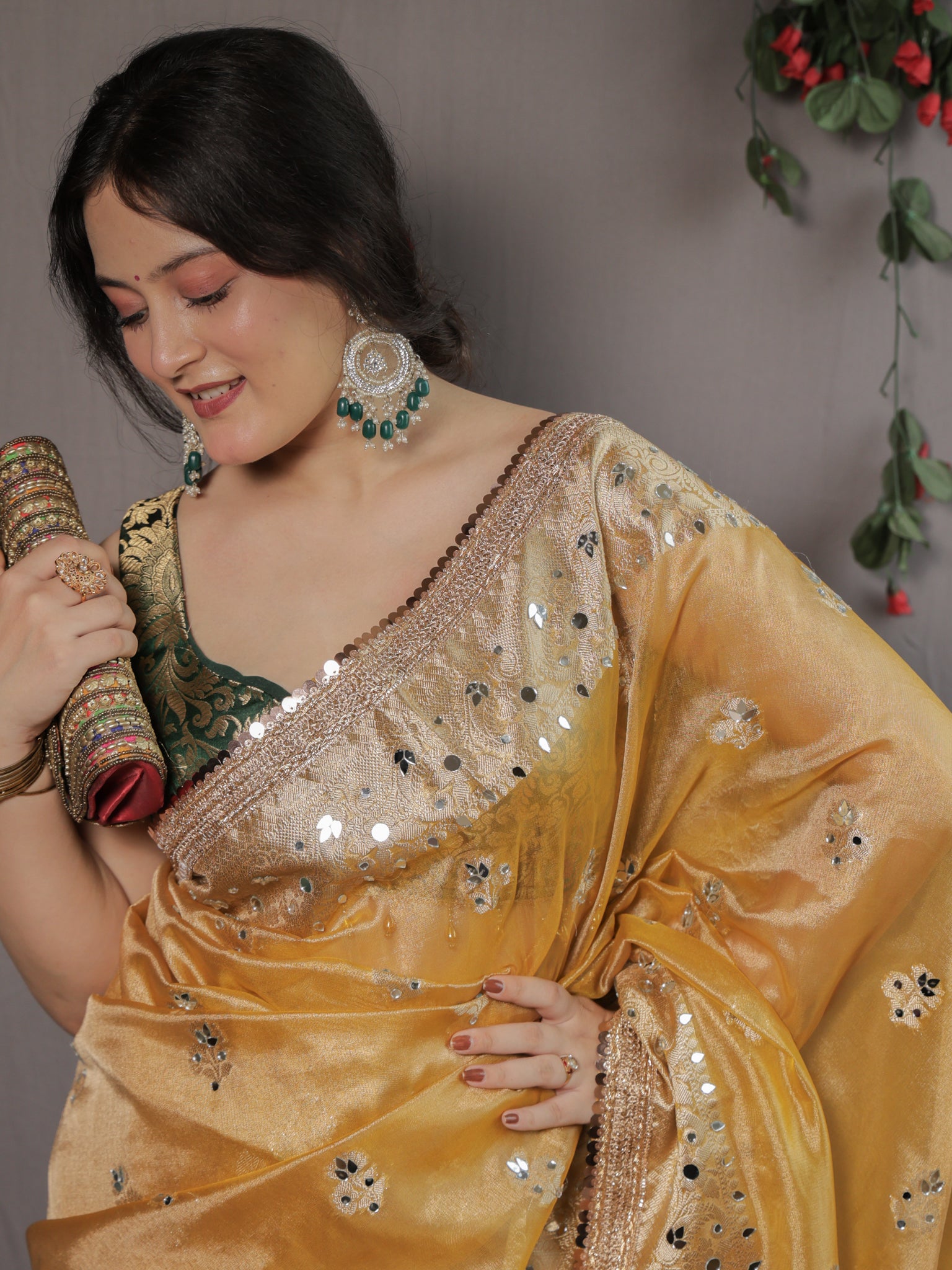Banarasi Tissue Saree With Mirror Work & Lace Border- Yellow