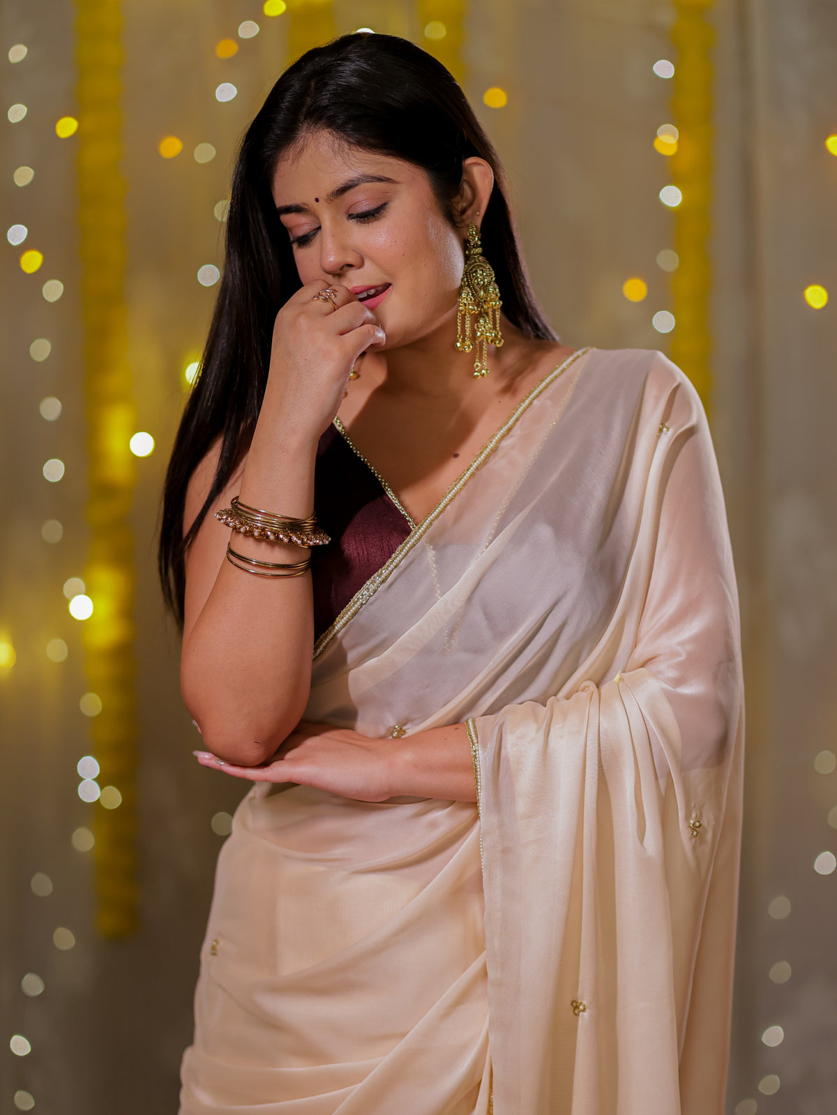 Satin Saree with Border - Off White