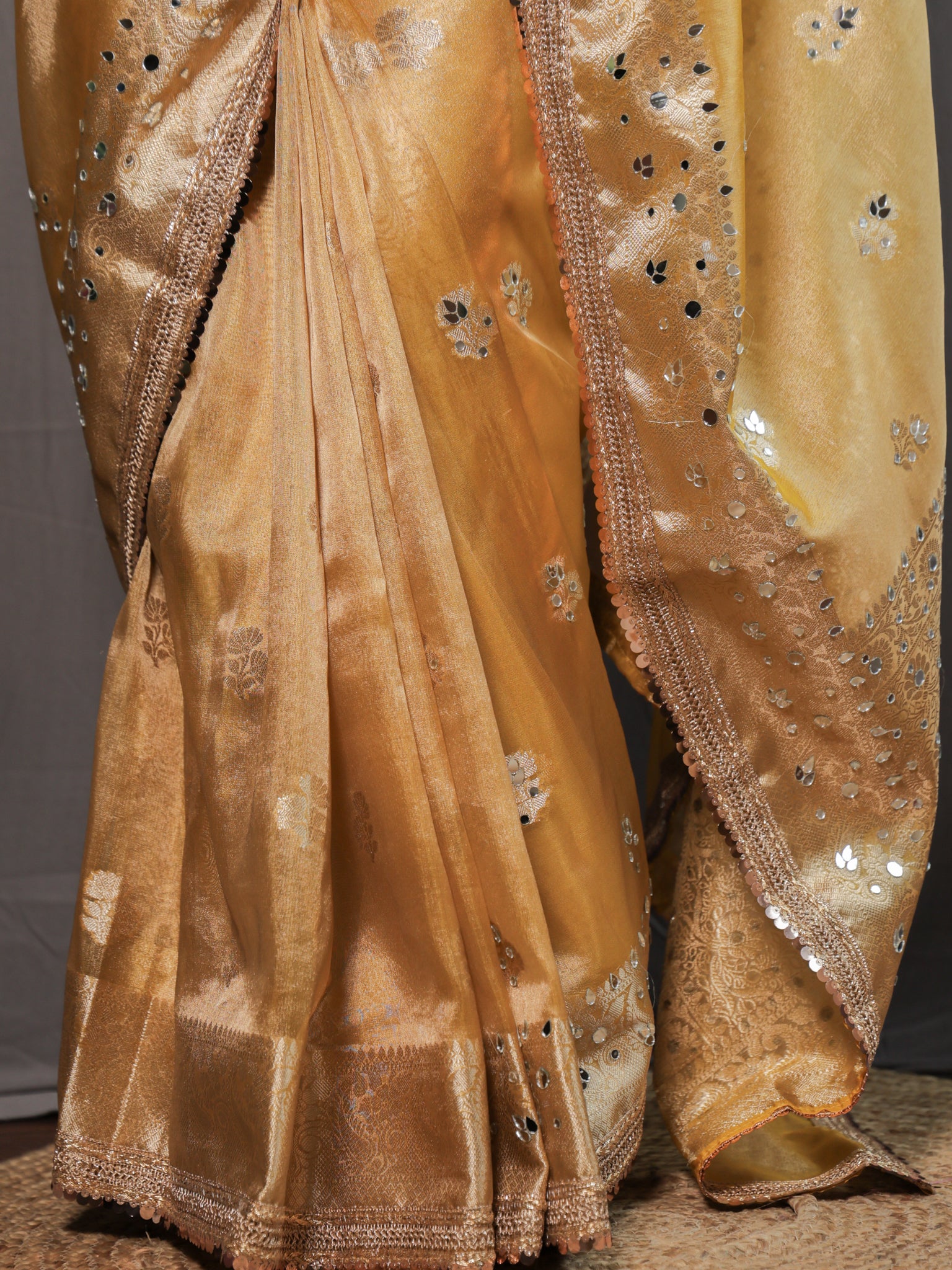 Banarasi Tissue Saree With Mirror Work & Lace Border- Yellow