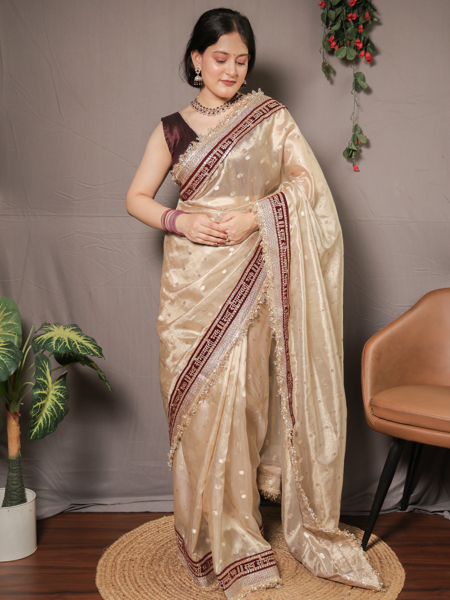 Banarasi Tissue Saree With Zari Weaving & Lace Border - Beige