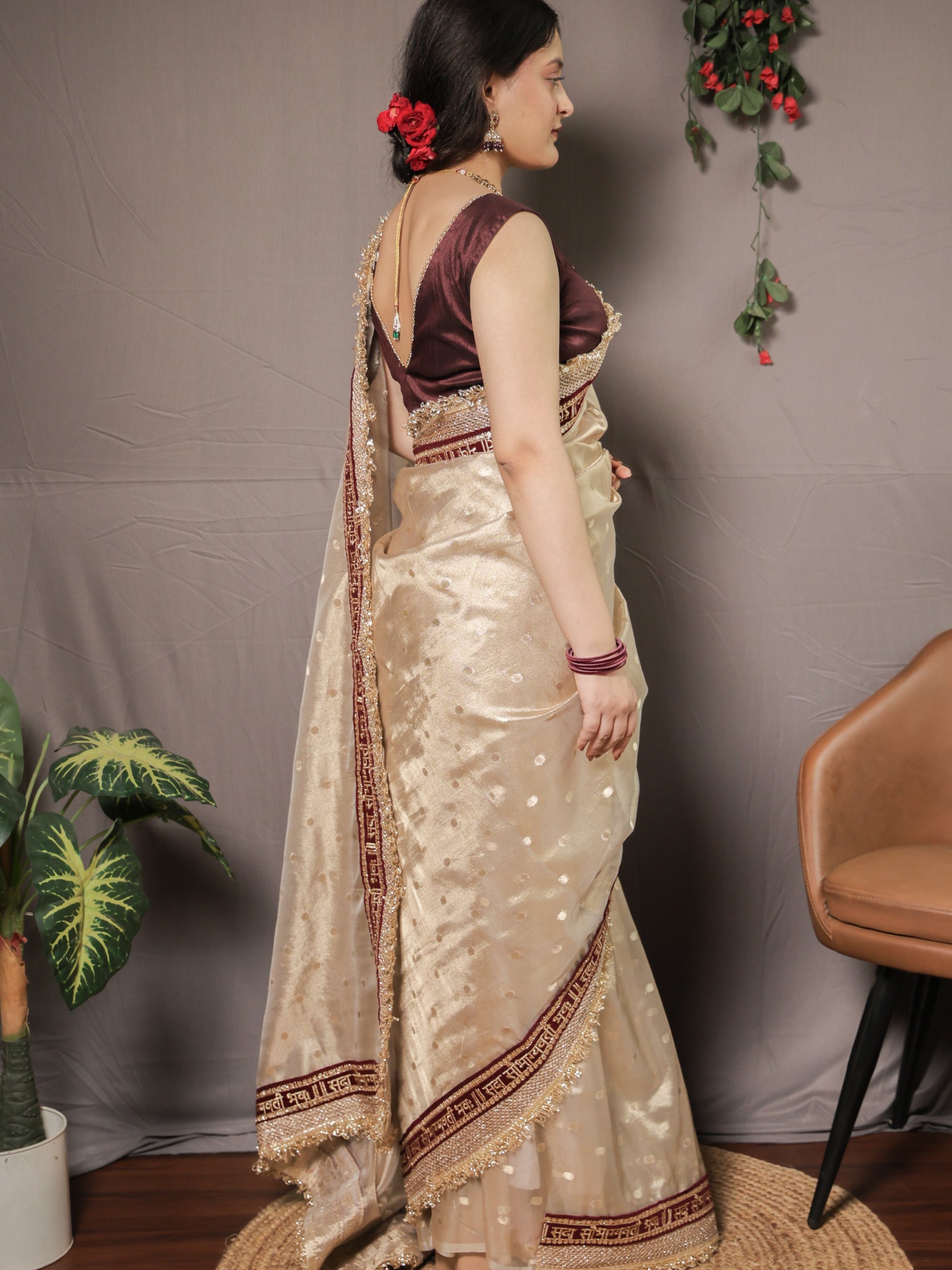 Banarasi Tissue Saree With Zari Weaving & Lace Border - Beige