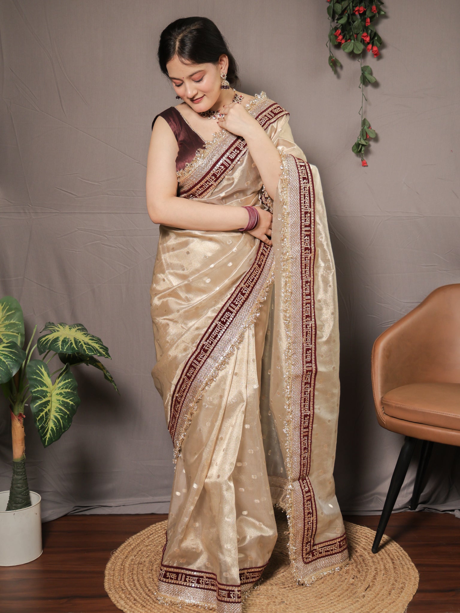 Banarasi Tissue Saree With Zari Weaving & Lace Border - Beige