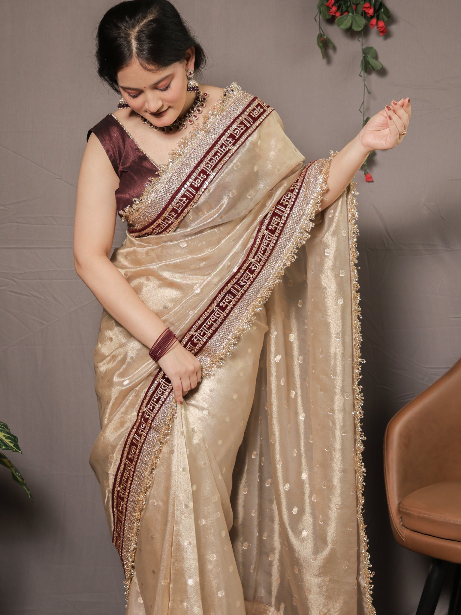 Banarasi Tissue Saree With Zari Weaving & Lace Border - Beige