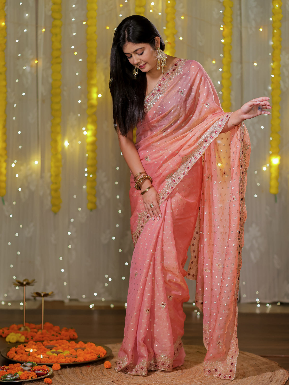 Tissue Sequin Saree With Scallop Border- Peach
