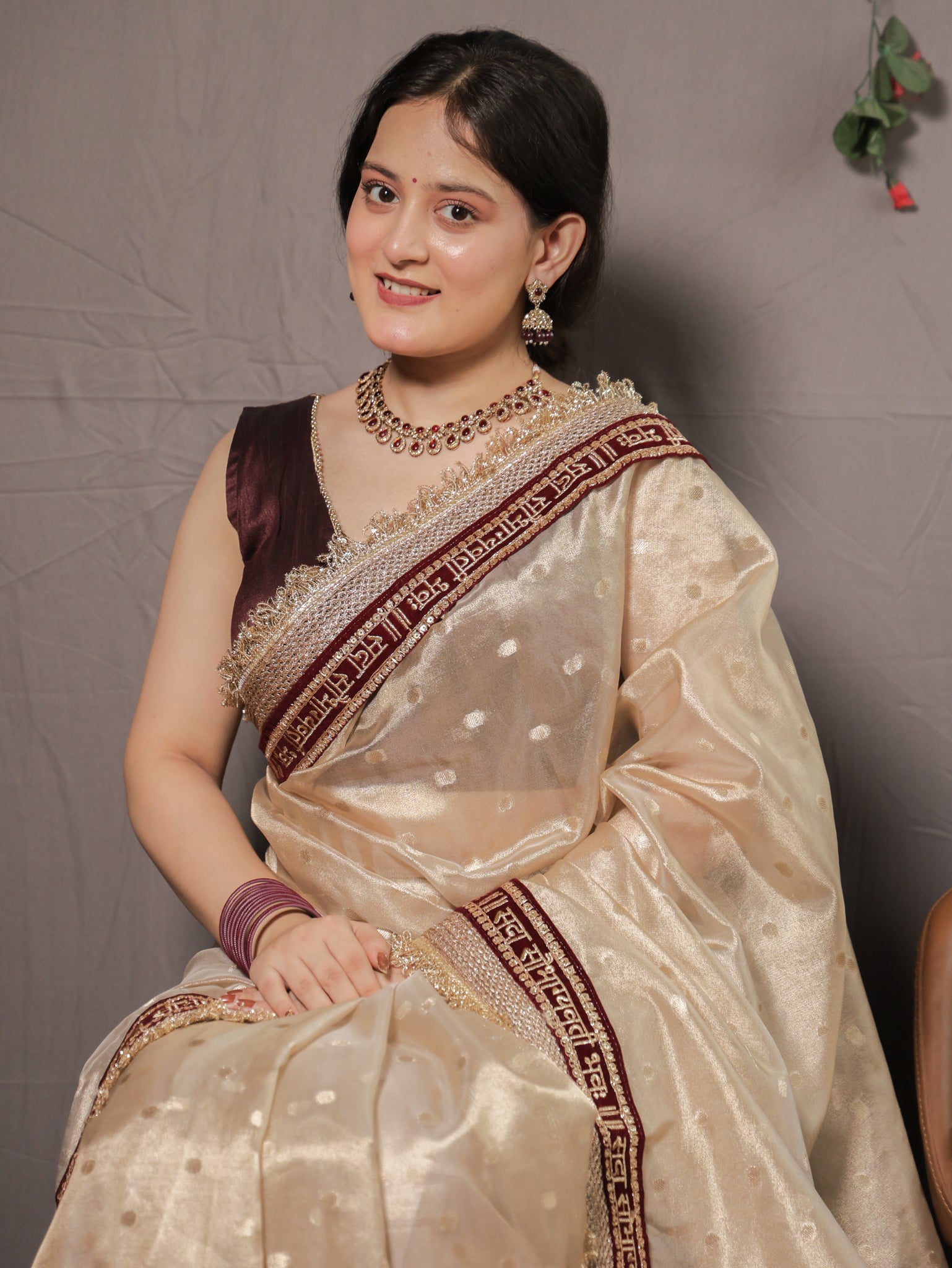 Banarasi Tissue Saree With Zari Weaving & Lace Border - Beige