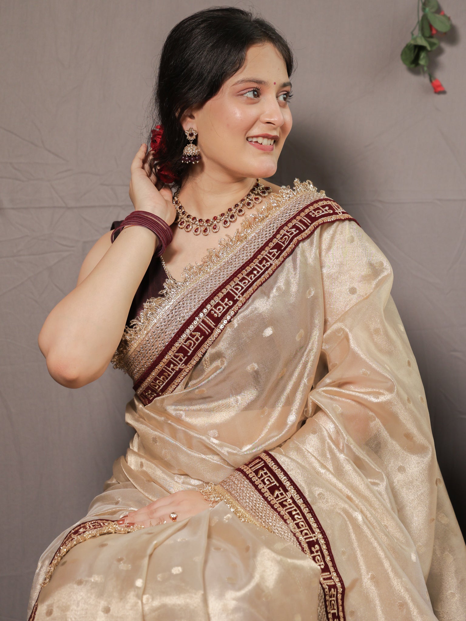 Banarasi Tissue Saree With Zari Weaving & Lace Border - Beige