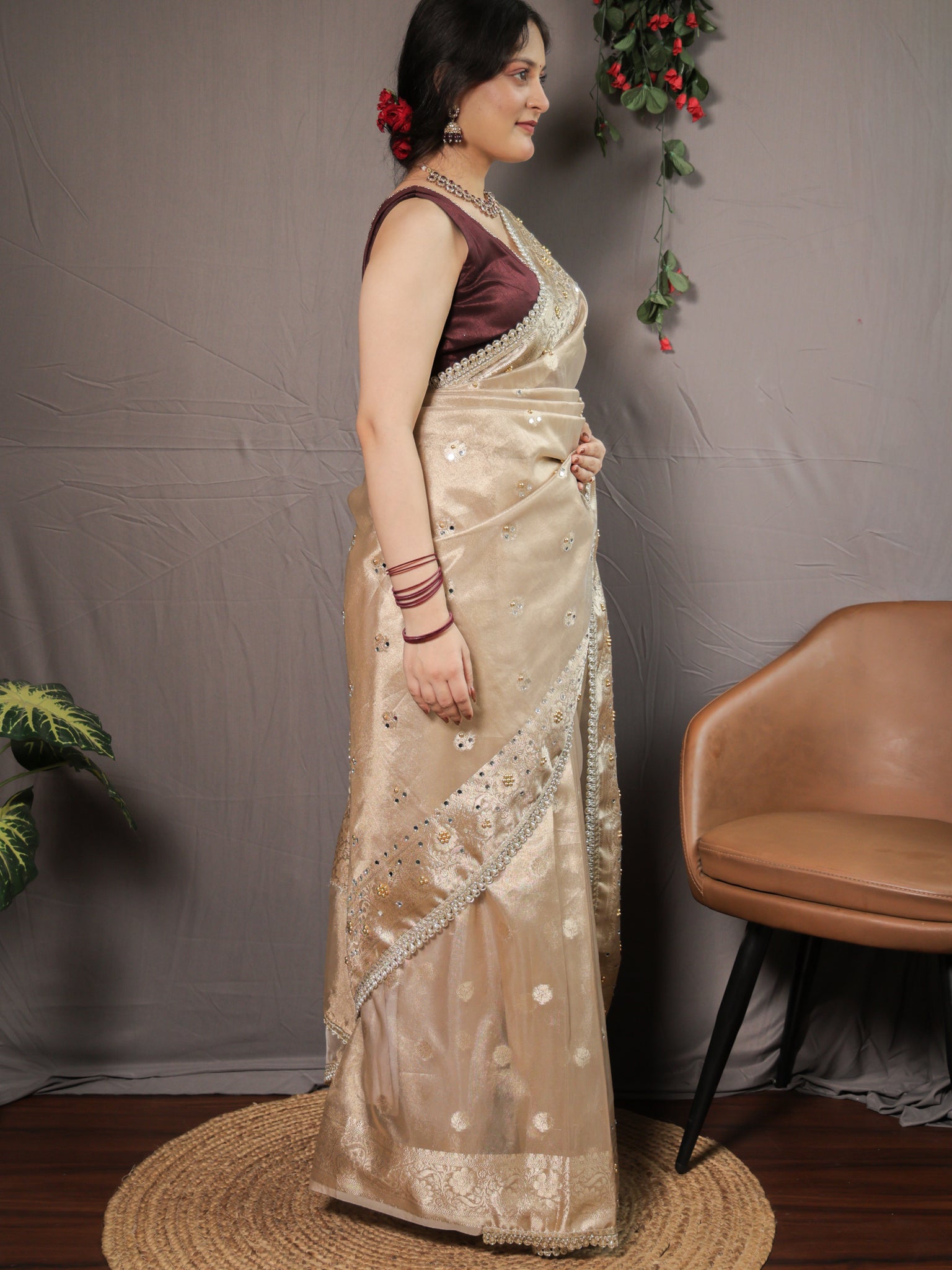 Banarasi Mirror Work Tissue Saree with Lace Border - Beige