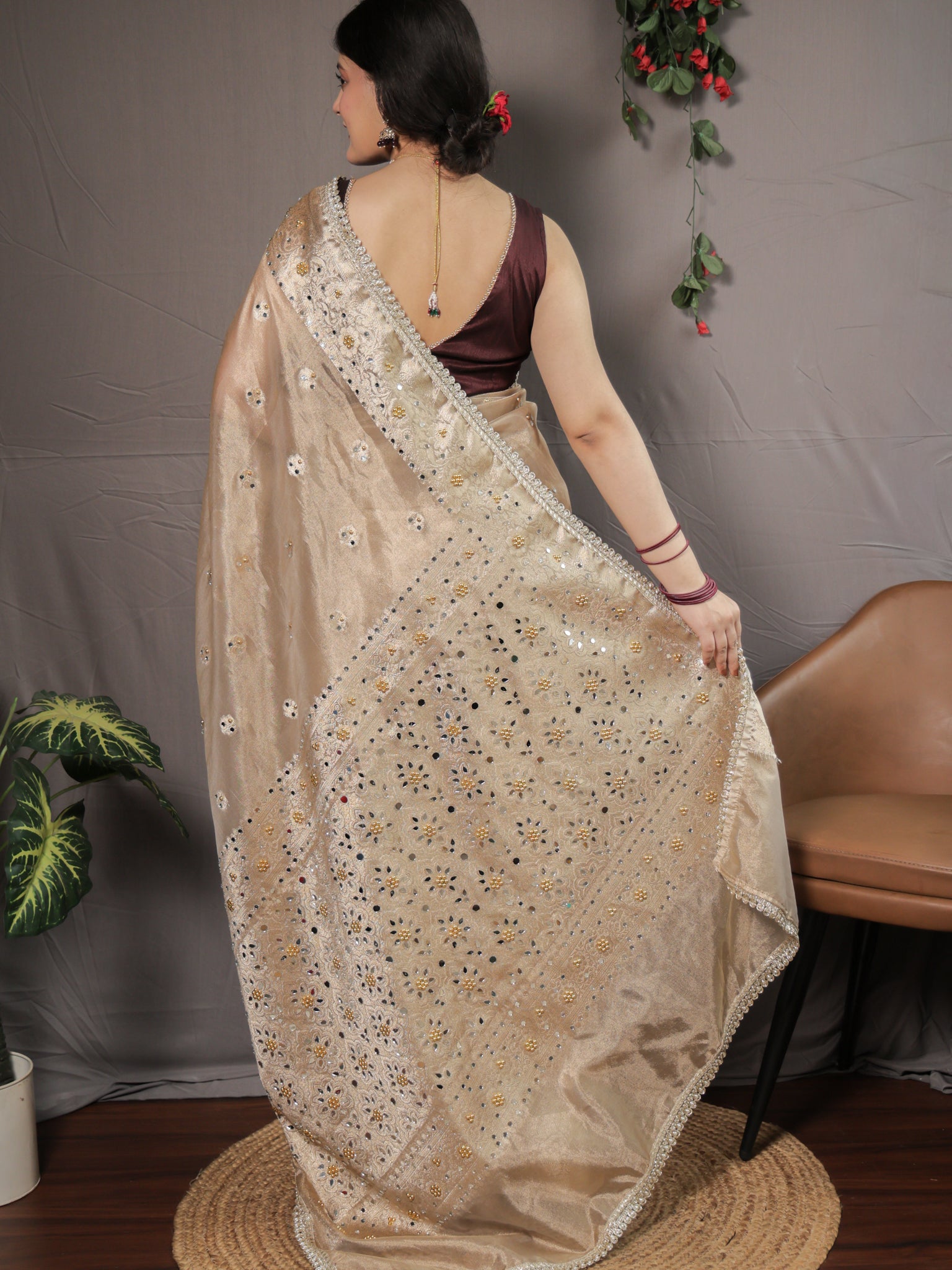 Banarasi Mirror Work Tissue Saree with Lace Border - Beige