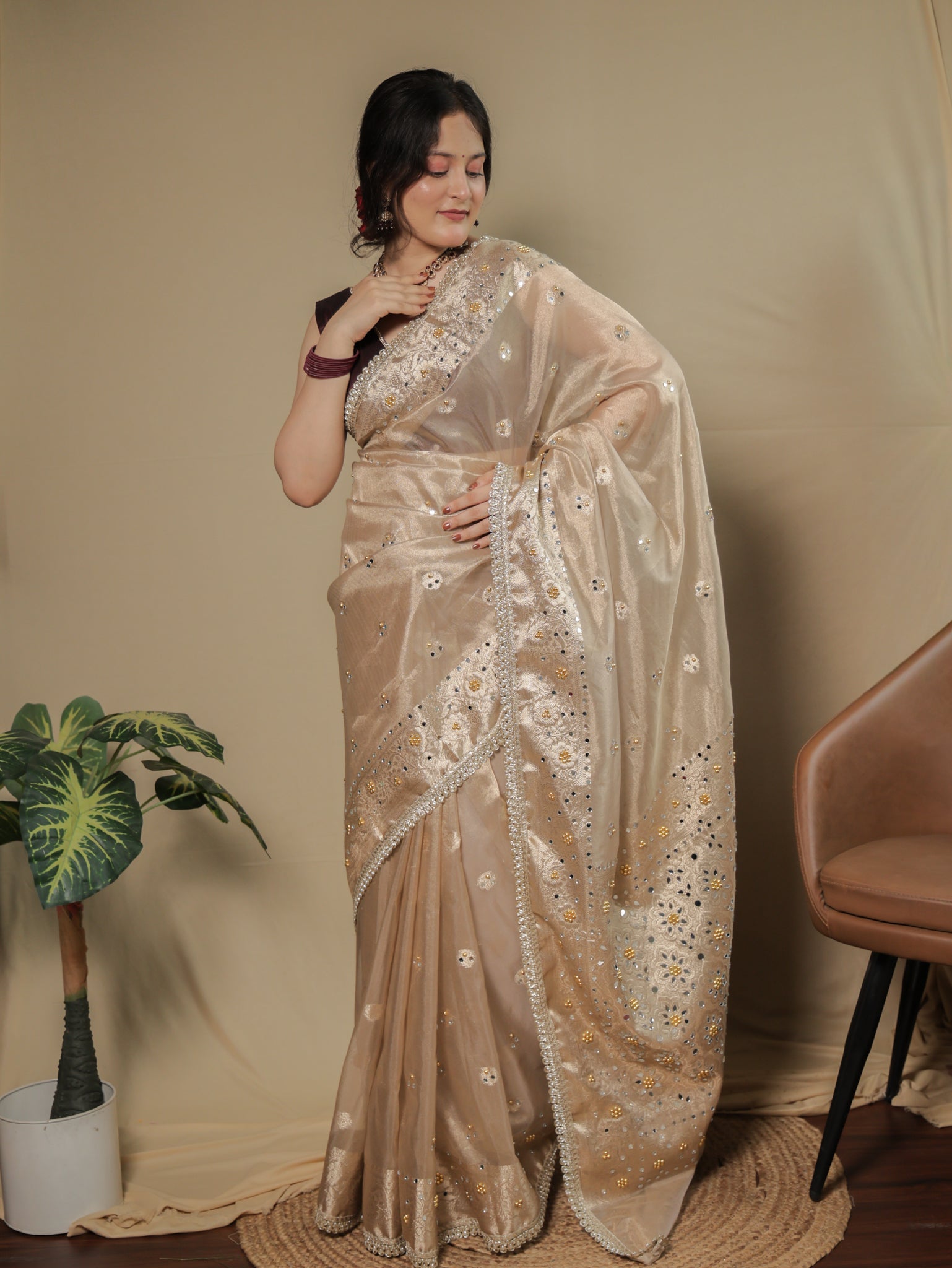 Banarasi Mirror Work Tissue Saree with Lace Border - Beige
