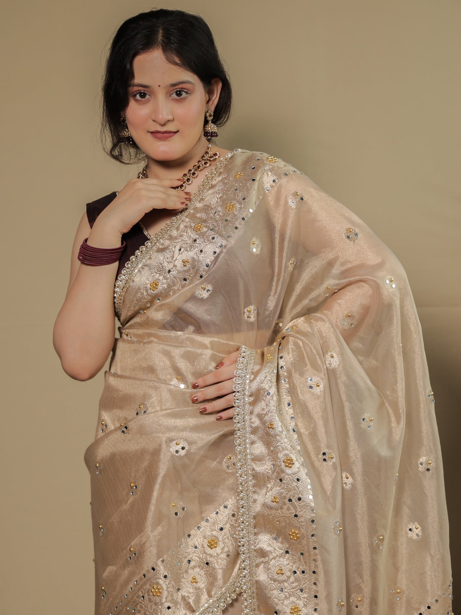 Banarasi Mirror Work Tissue Saree with Lace Border - Beige