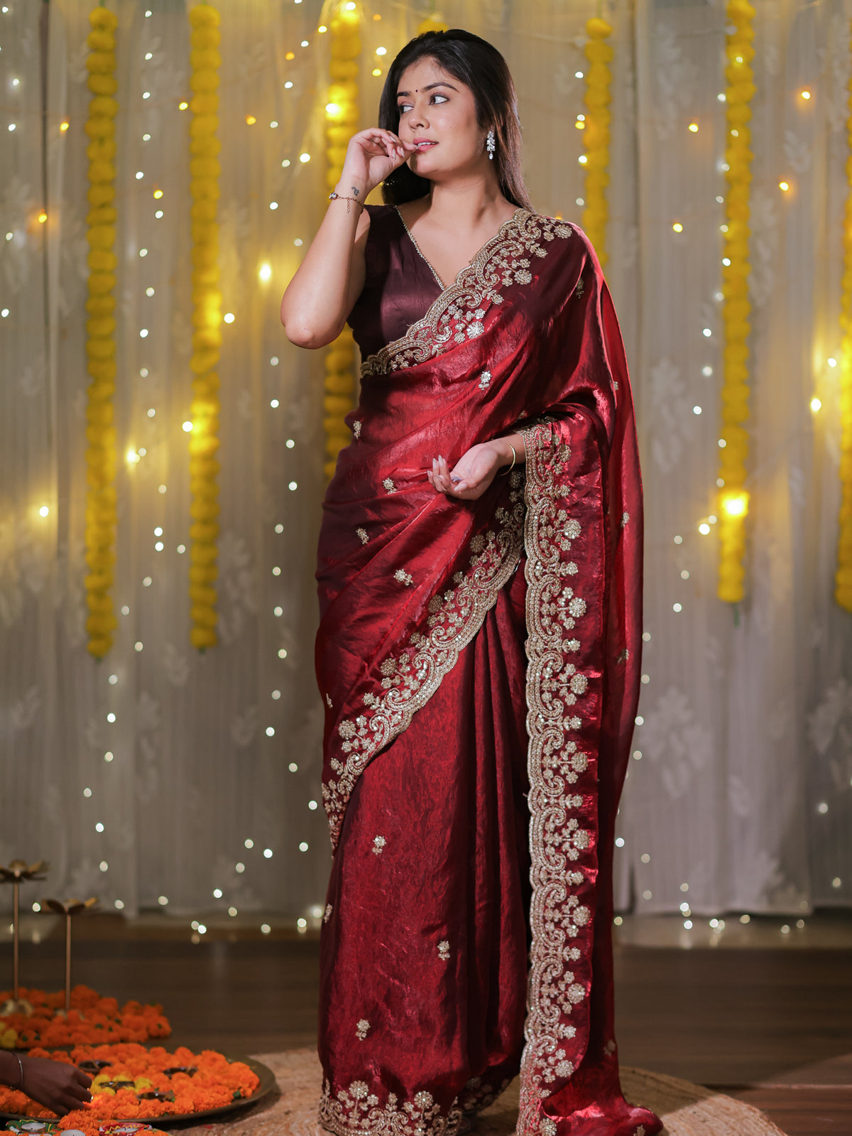 Tissue Sequin Saree With Scallop Border- Maroon