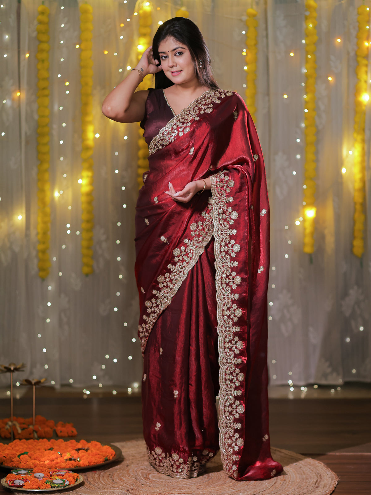 Tissue Sequin Saree With Scallop Border- Maroon