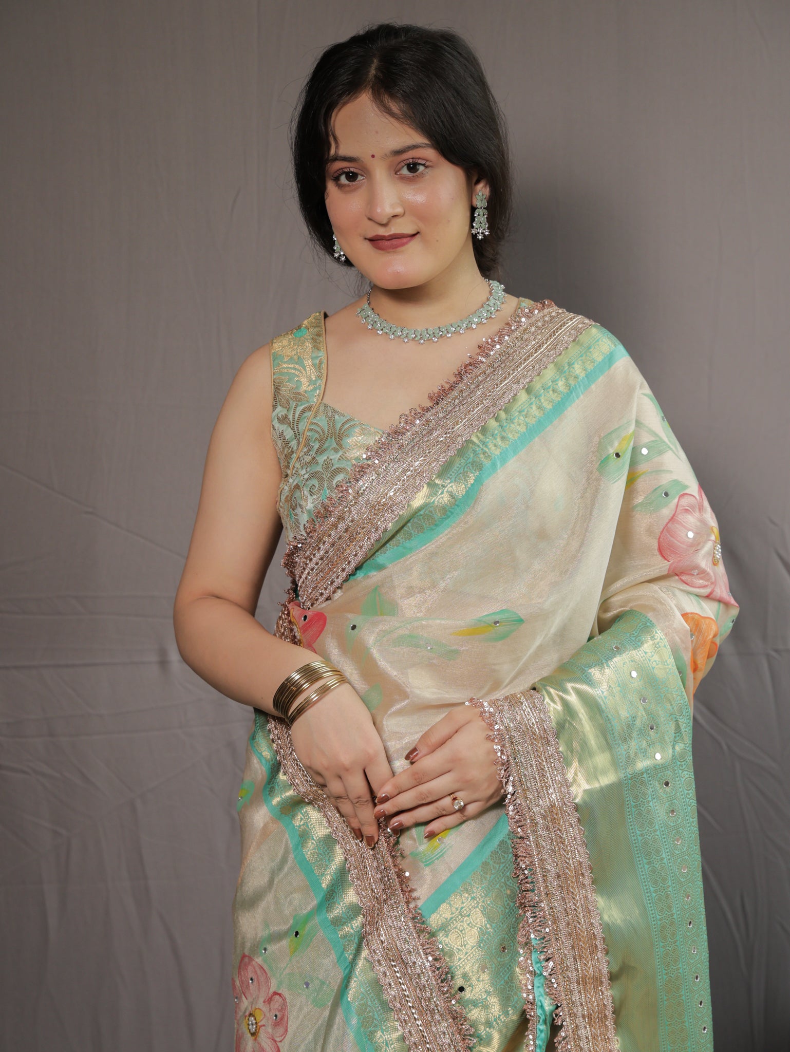 Banarasi Floral Tissue Saree with Lace Border- Off white & Green