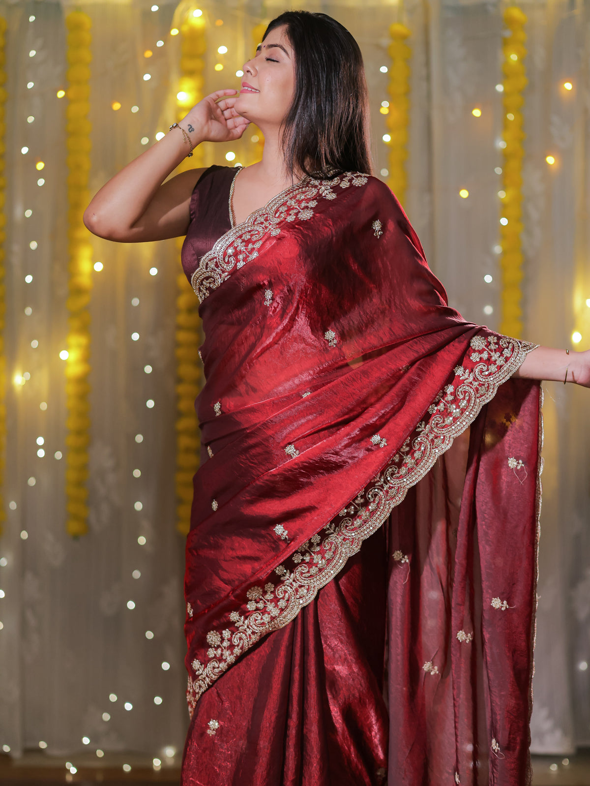 Tissue Sequin Saree With Scallop Border- Maroon