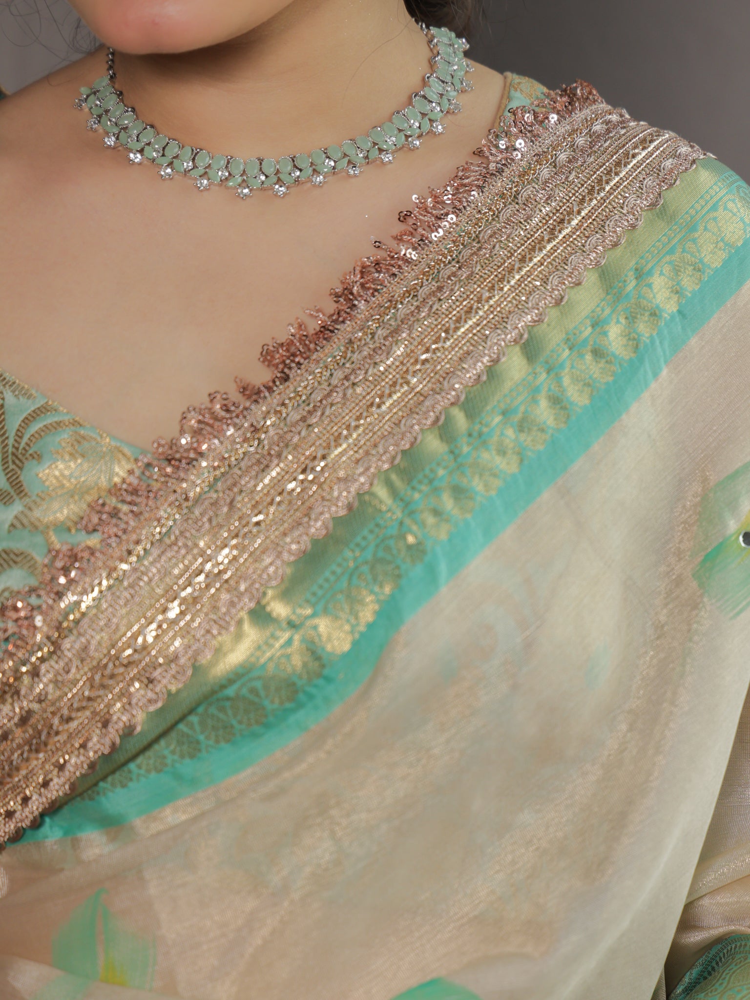Banarasi Floral Tissue Saree with Lace Border- Off white & Green