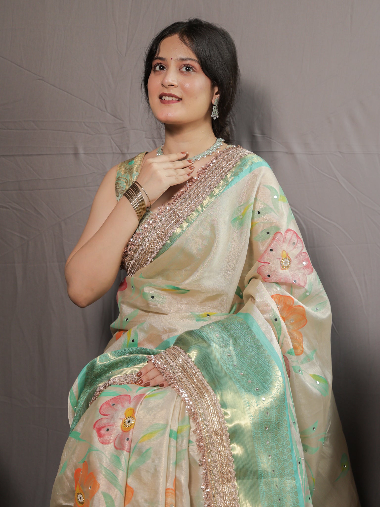 Banarasi Floral Tissue Saree with Lace Border- Off white & Green