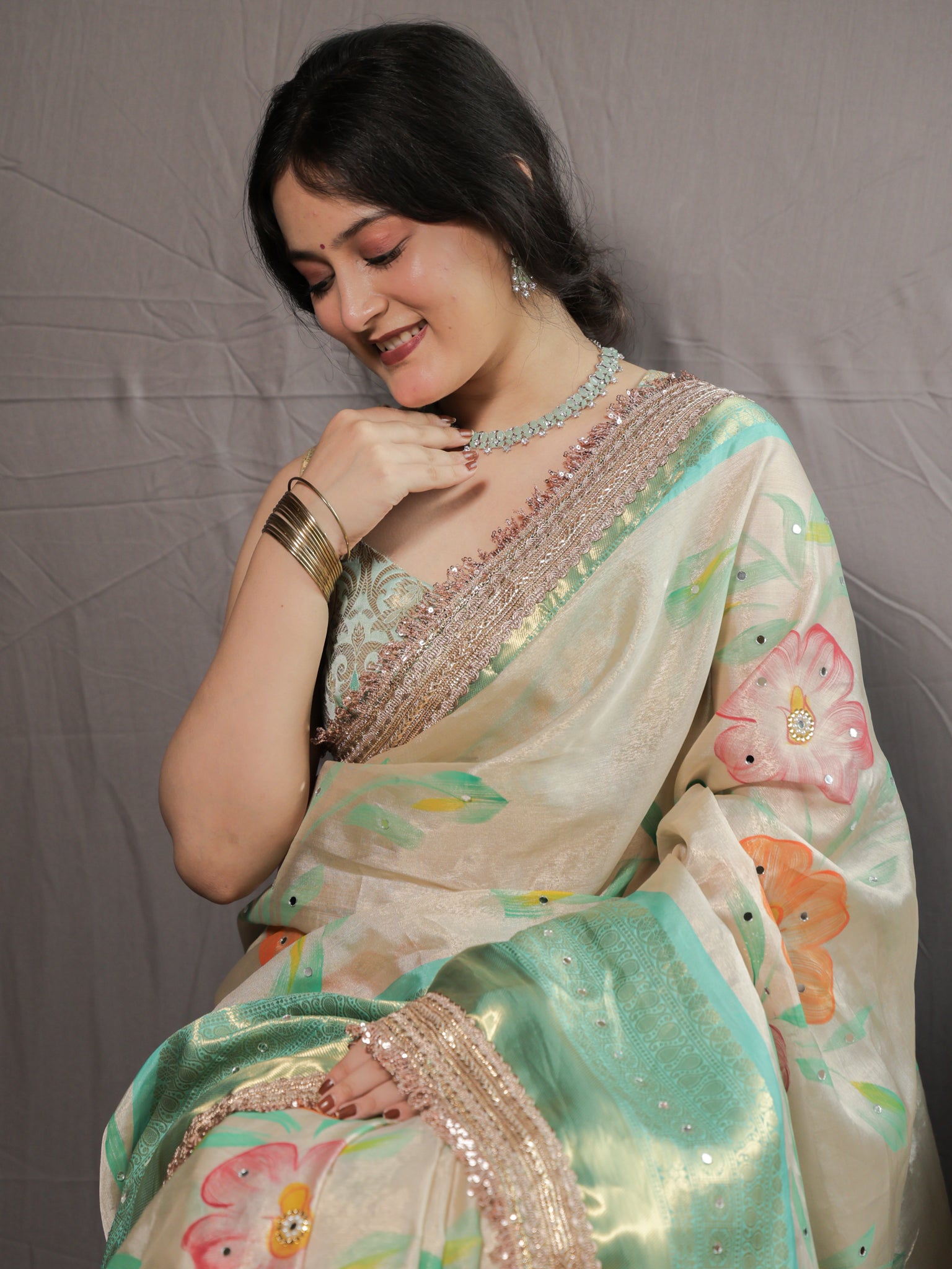 Banarasi Floral Tissue Saree with Lace Border- Off white & Green