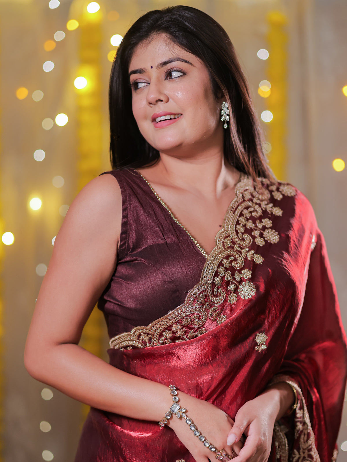 Tissue Sequin Saree With Scallop Border- Maroon