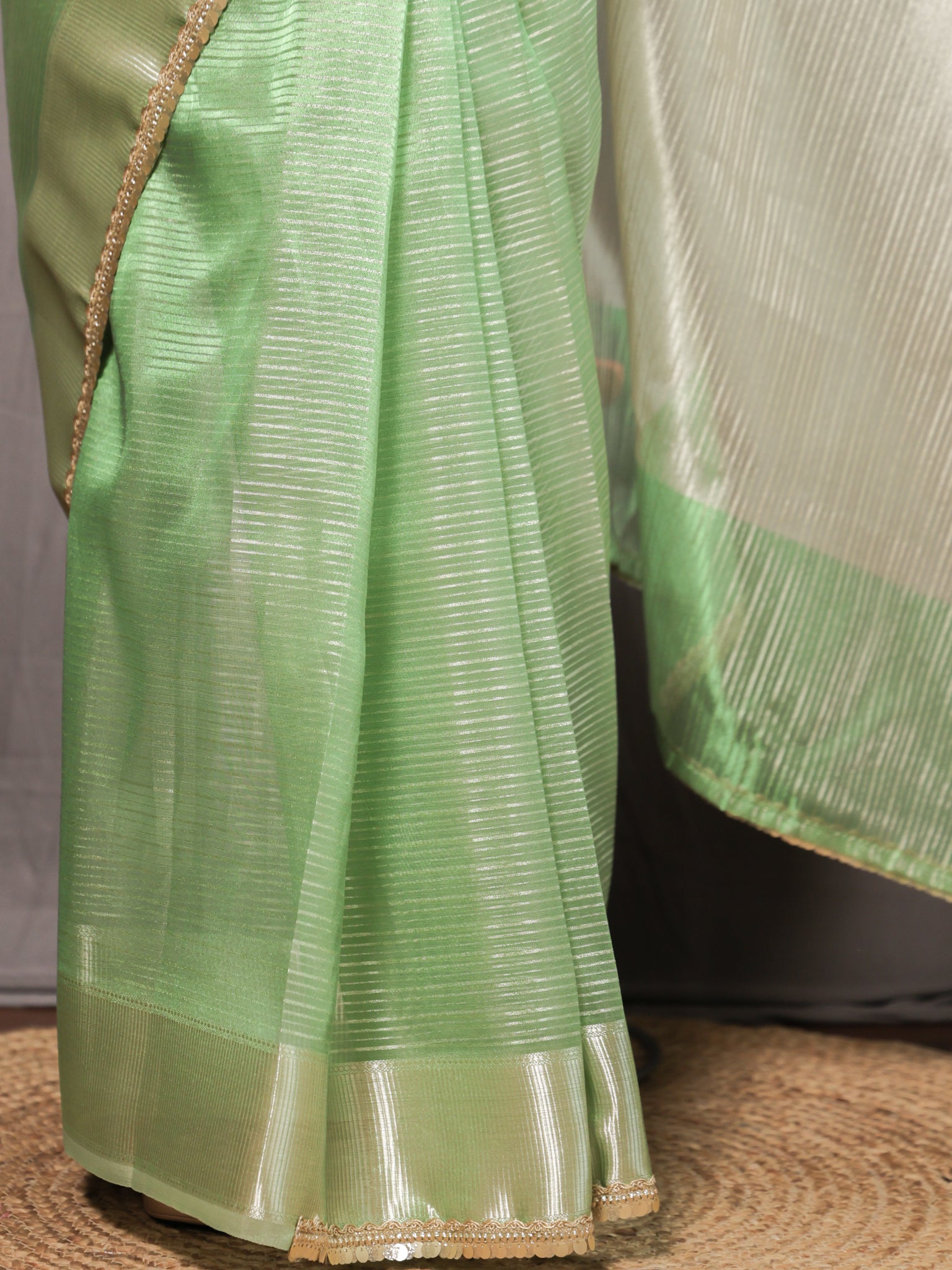 Banarasi Tissue Saree with Lace Border- Green