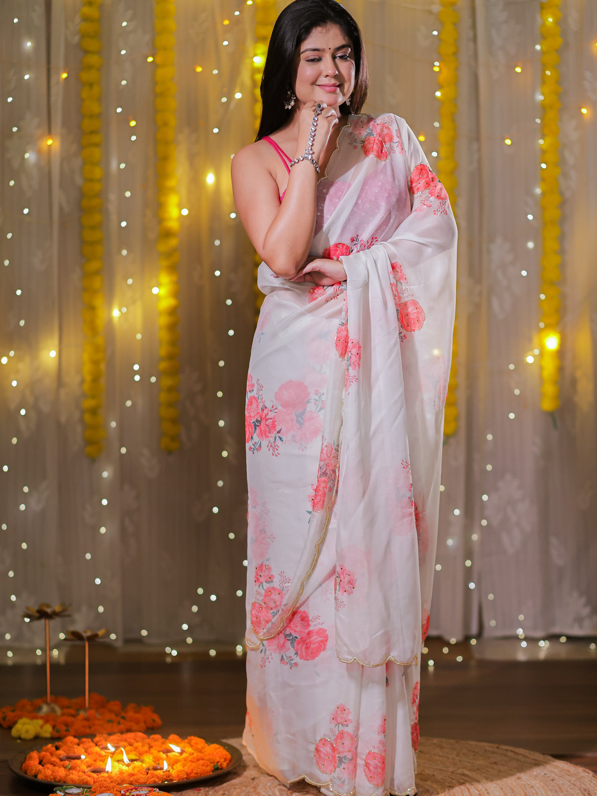 Semi Chiffon Floral Saree with Border - White