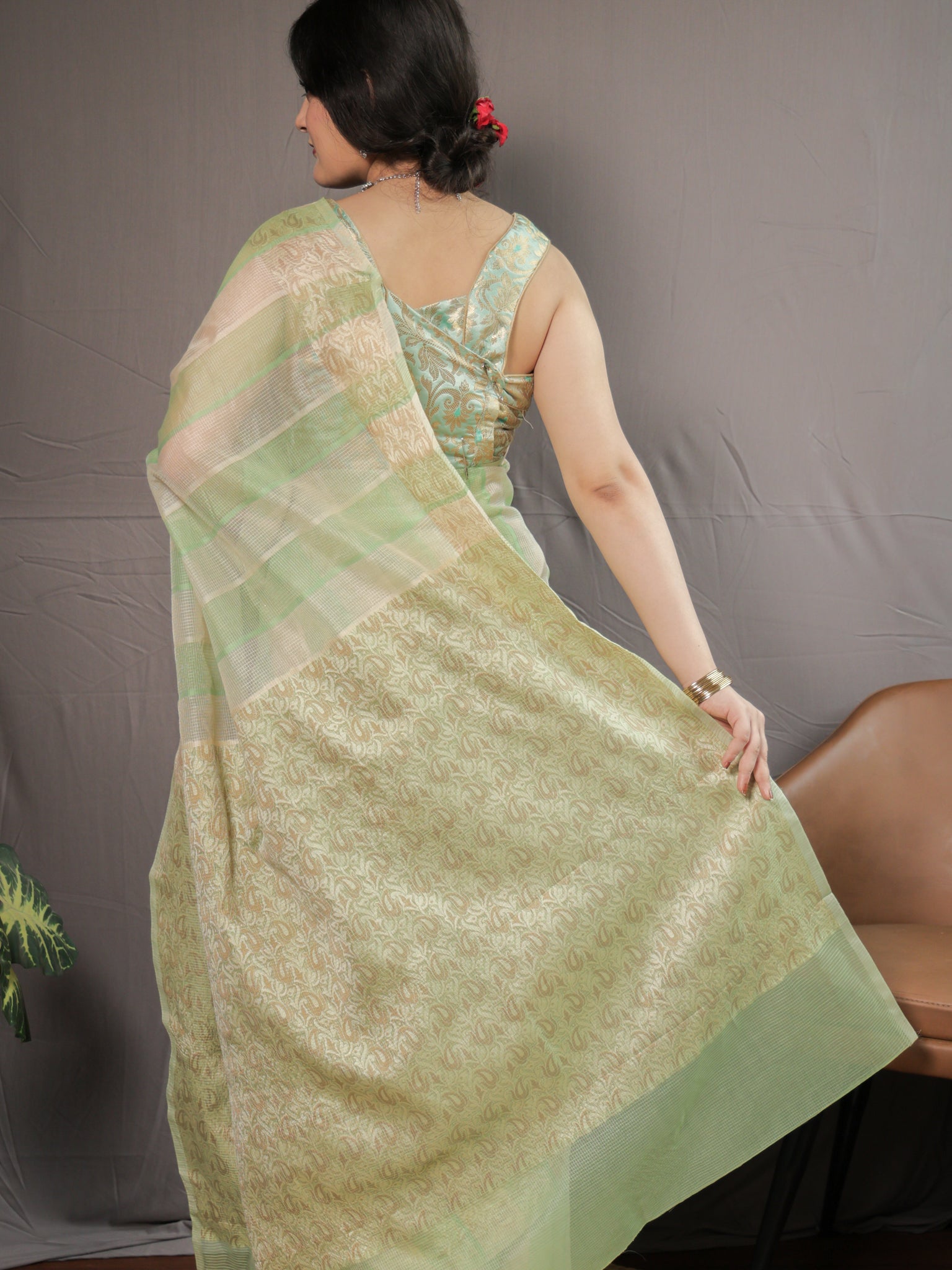 Banarasi Kota Check Saree with Resham Weaving Border- Green
