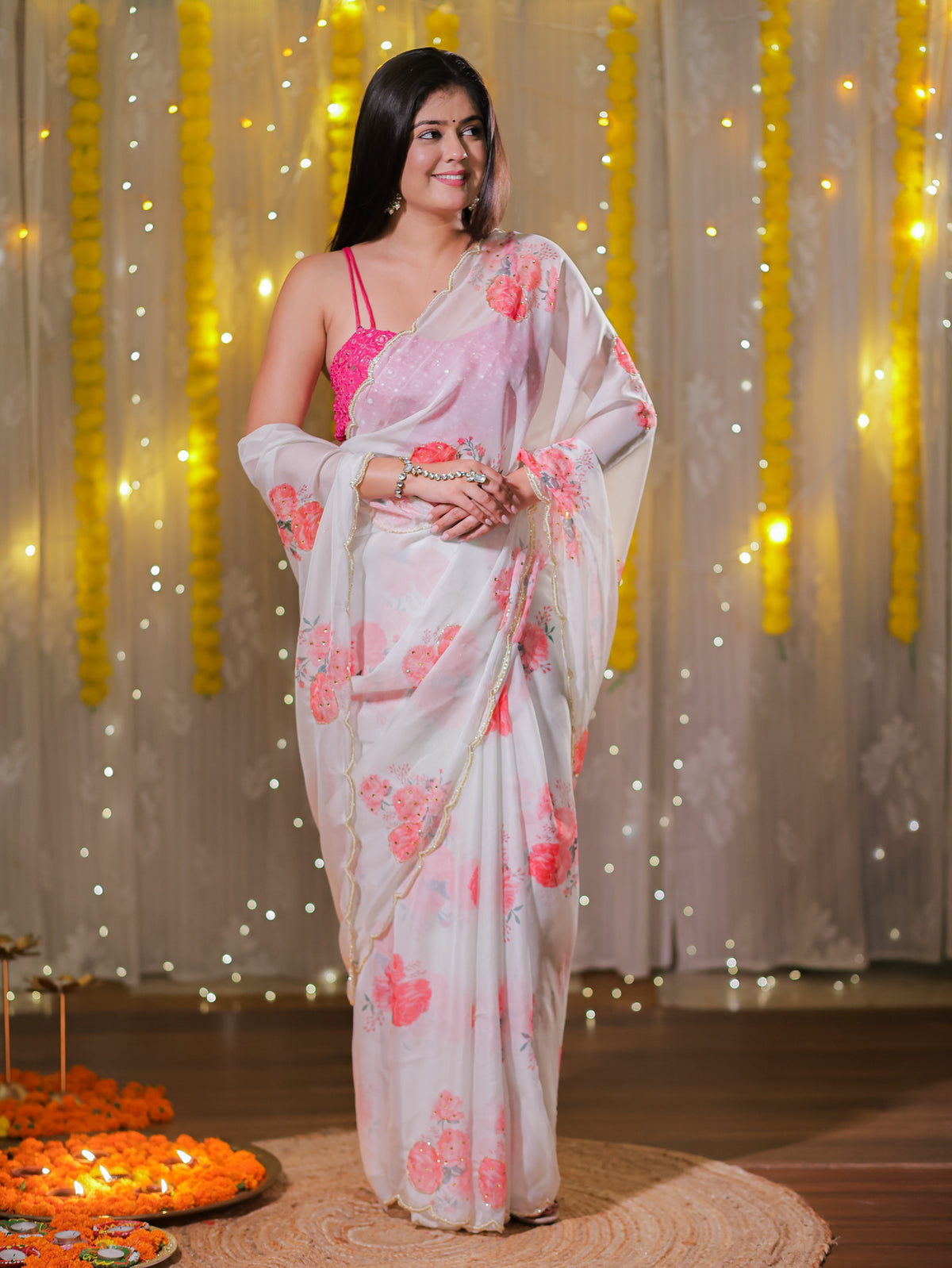 Semi Chiffon Floral Saree with Border - White