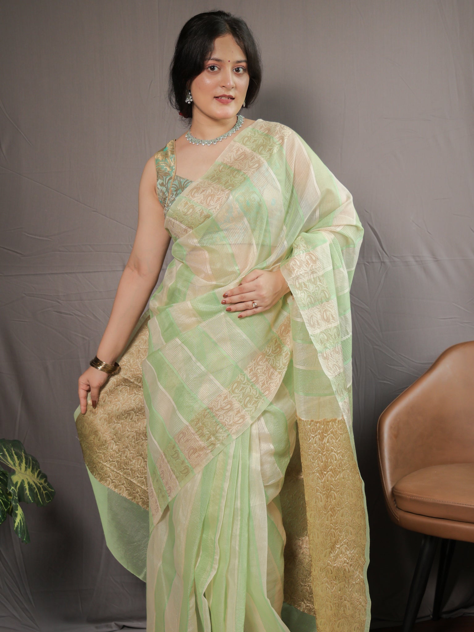 Banarasi Kota Check Saree with Resham Weaving Border- Green