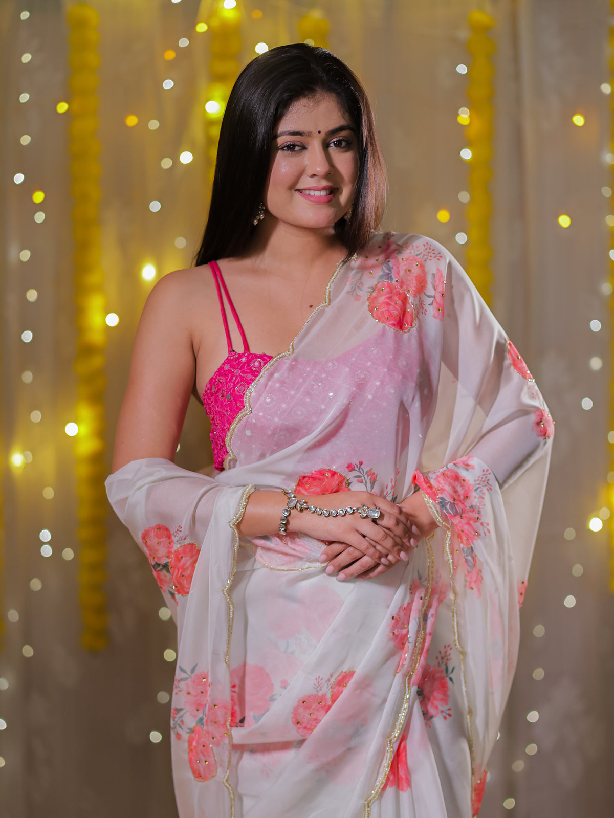 Semi Chiffon Floral Saree with Border - White