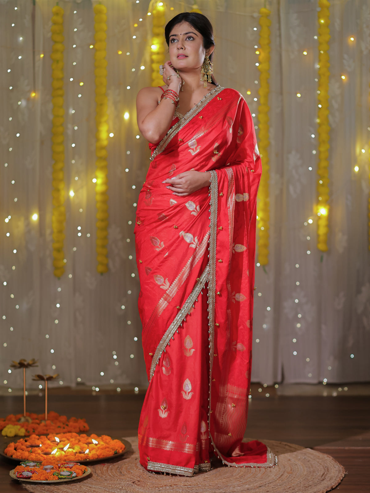 Banarasi Ghungroo Work Silk Saree with Lace Border - Red