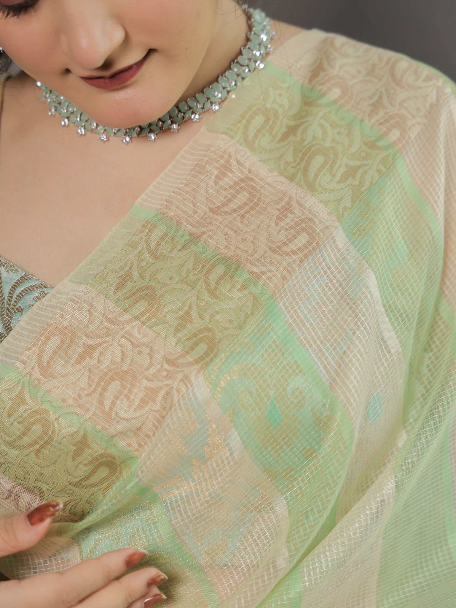 Banarasi Kota Check Saree with Resham Weaving Border- Green