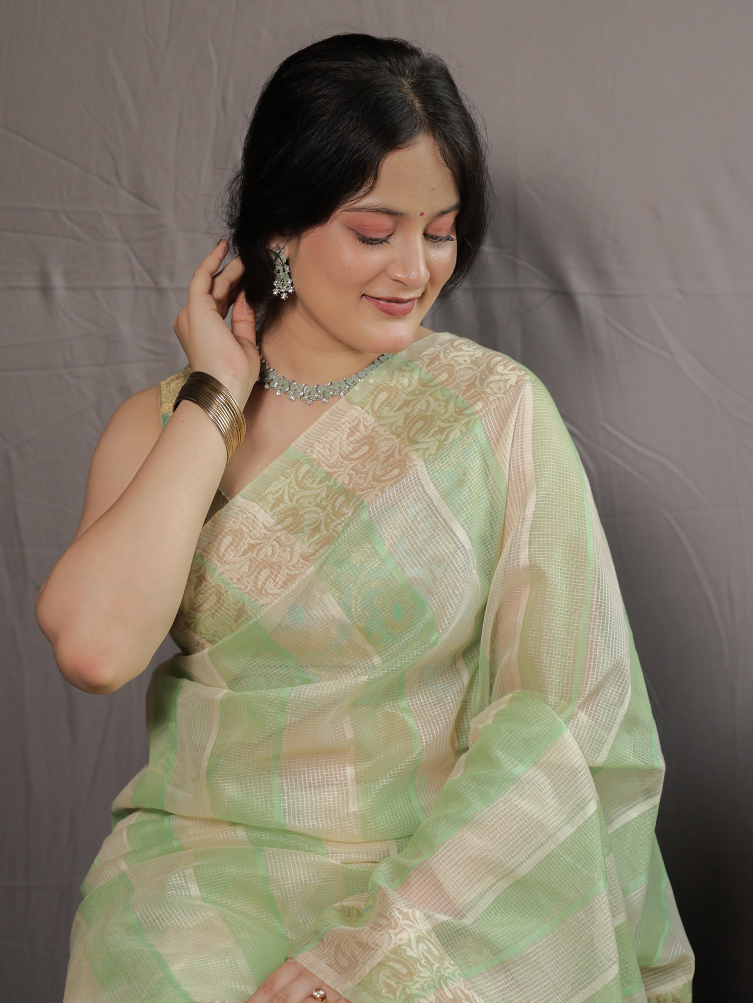 Banarasi Kota Check Saree with Resham Weaving Border- Green
