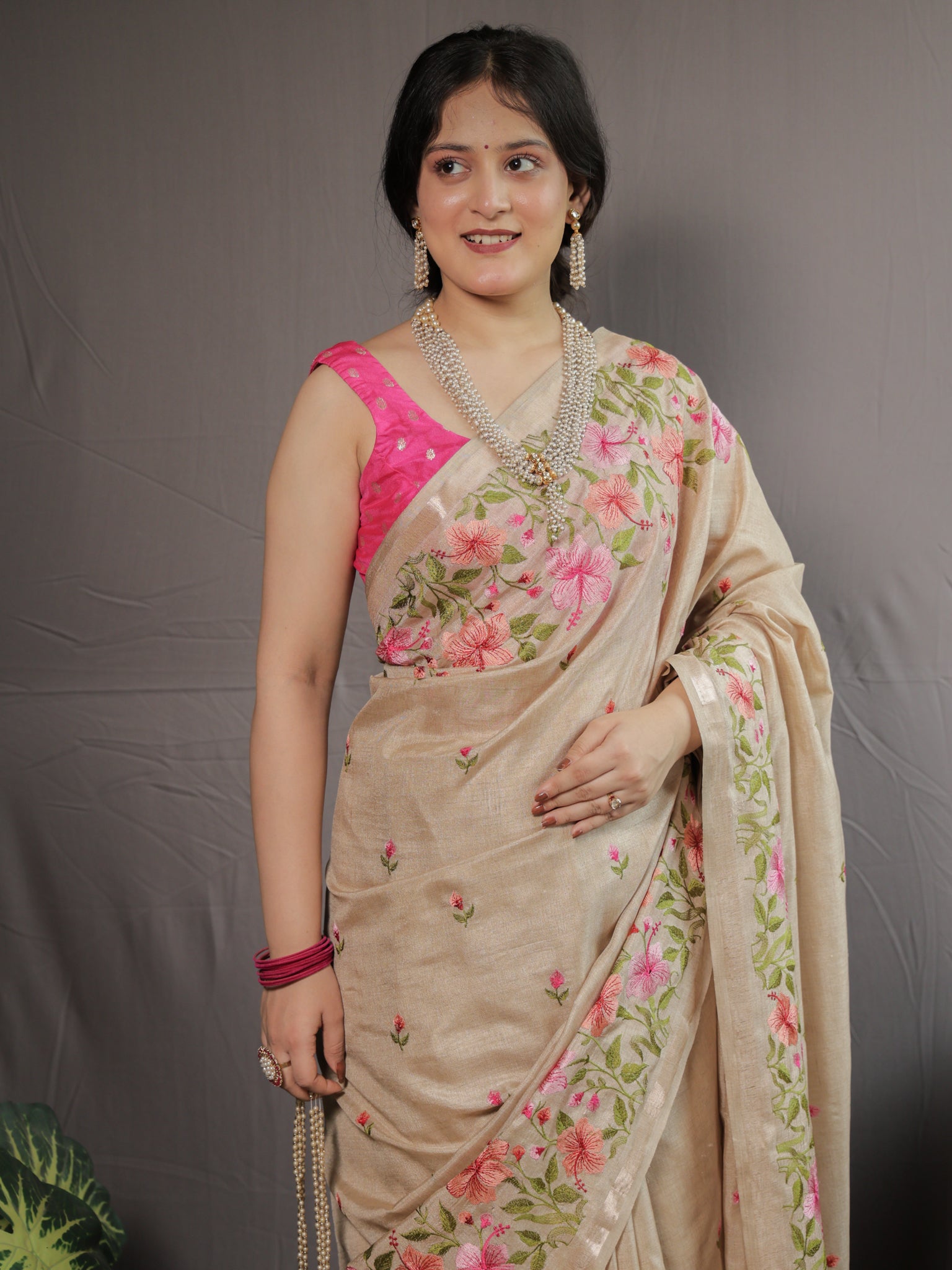 Floral Embroidered Tassar Silk Saree- Beige