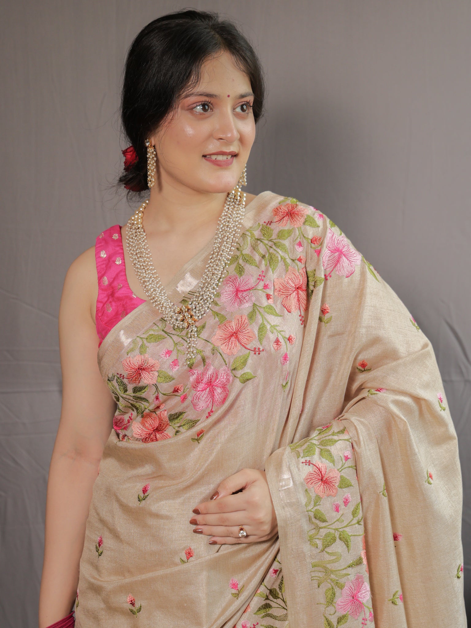 Floral Embroidered Tassar Silk Saree- Beige