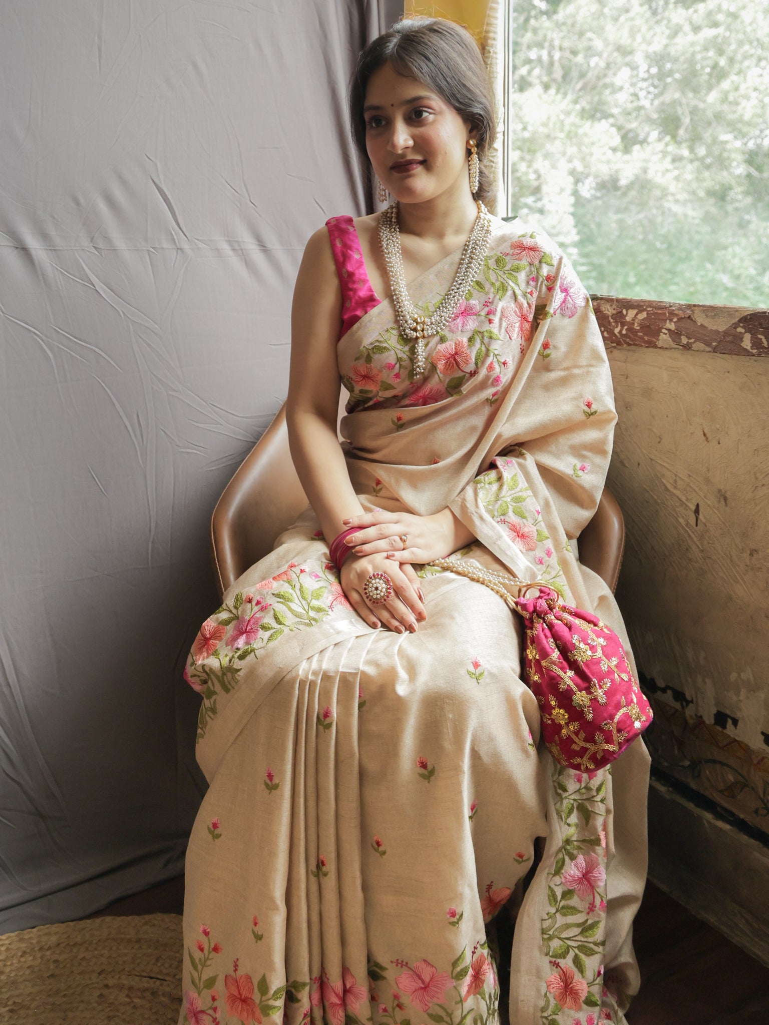 Floral Embroidered Tassar Silk Saree- Beige